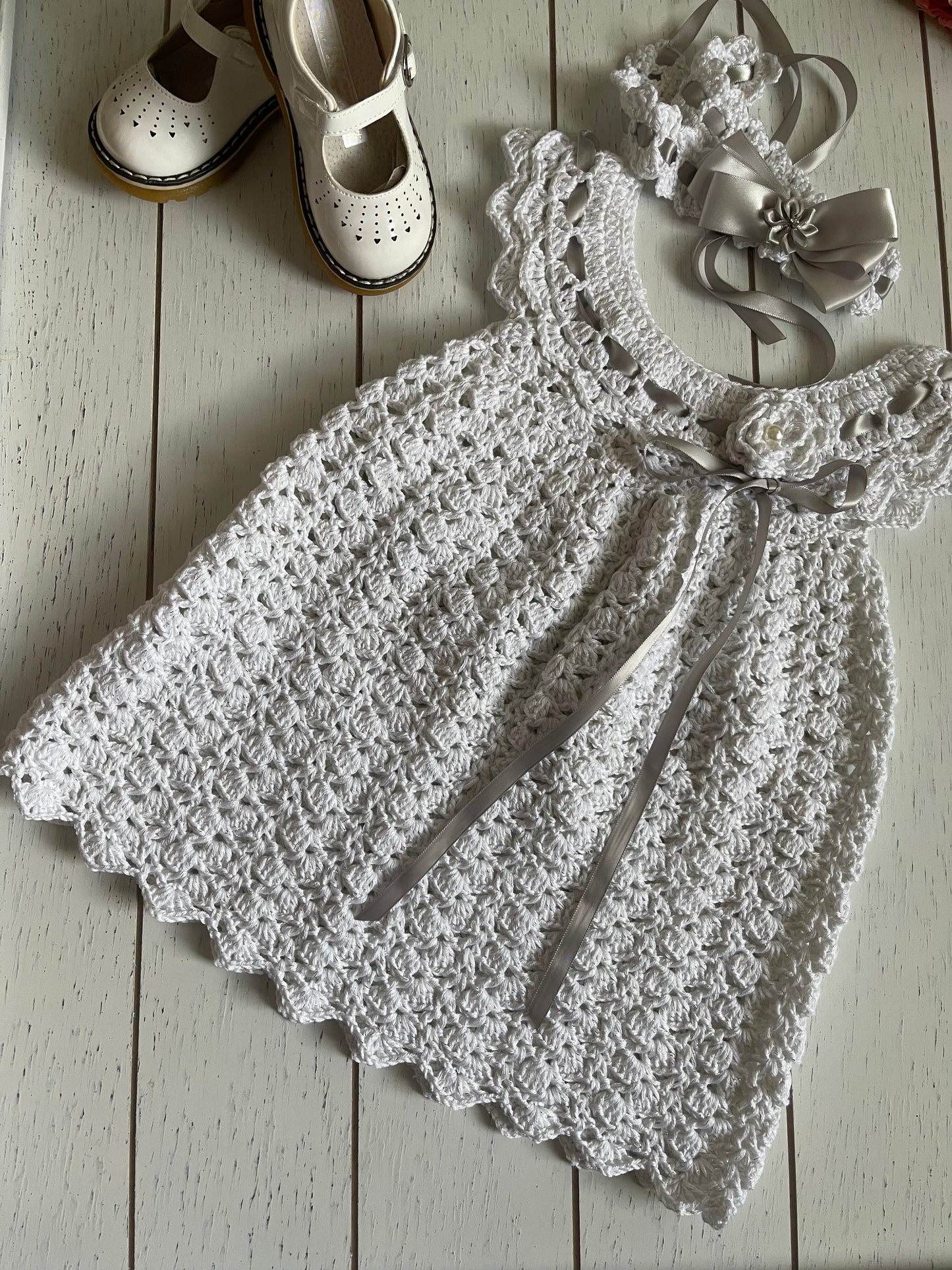 White & Silver Crochet Girl Dress With Ribbons
