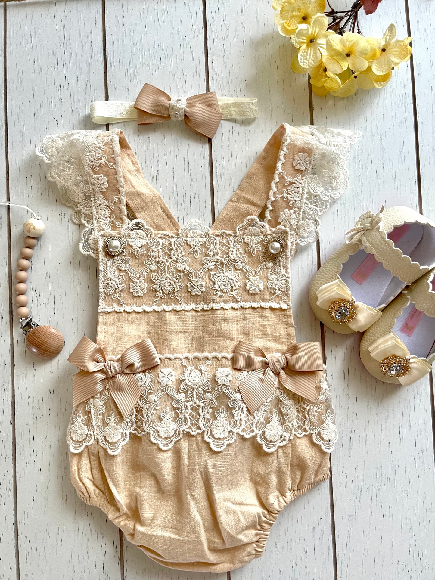 Lacey Ruffles Pearl Buttons & Bows Girl Romper Overalls