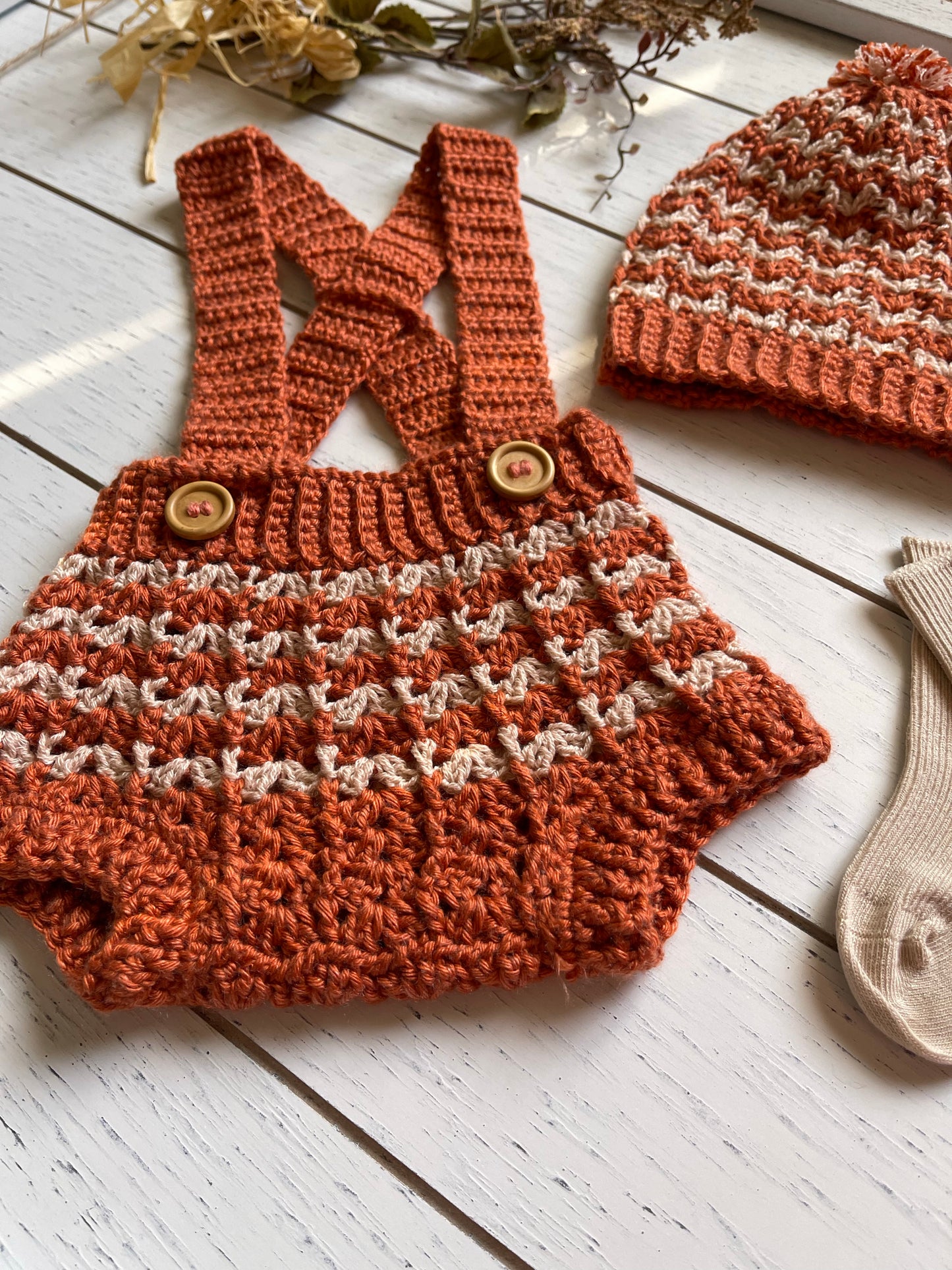 Autumn Striped Crochet Boy or Girl Overalls Outfit Set