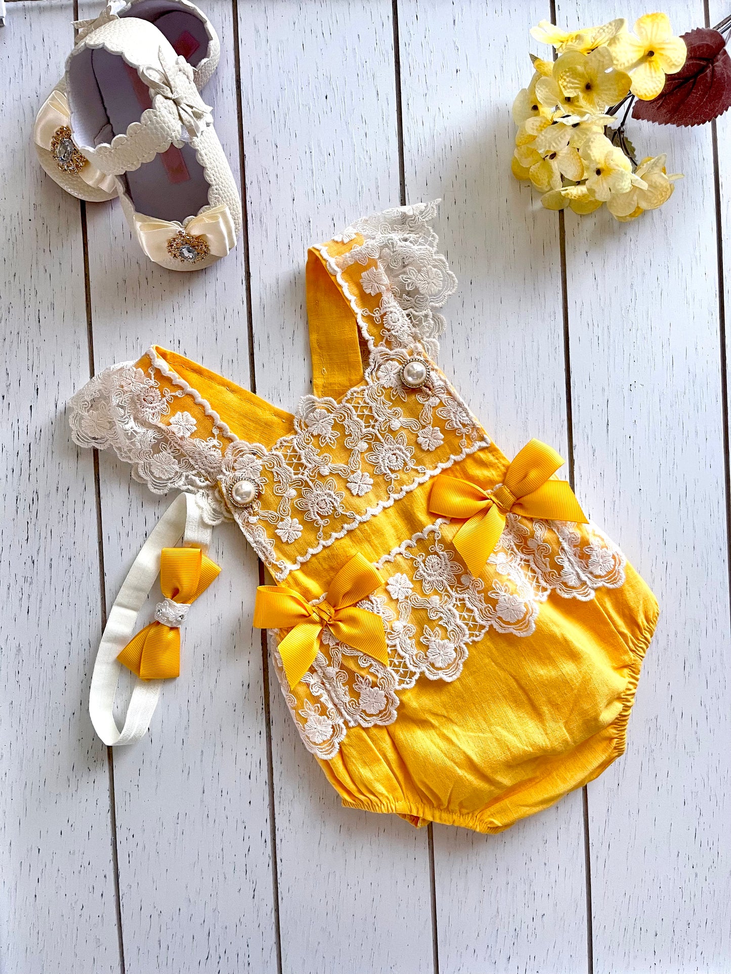Lacey Ruffles Pearl Buttons & Bows Girl Romper Overalls