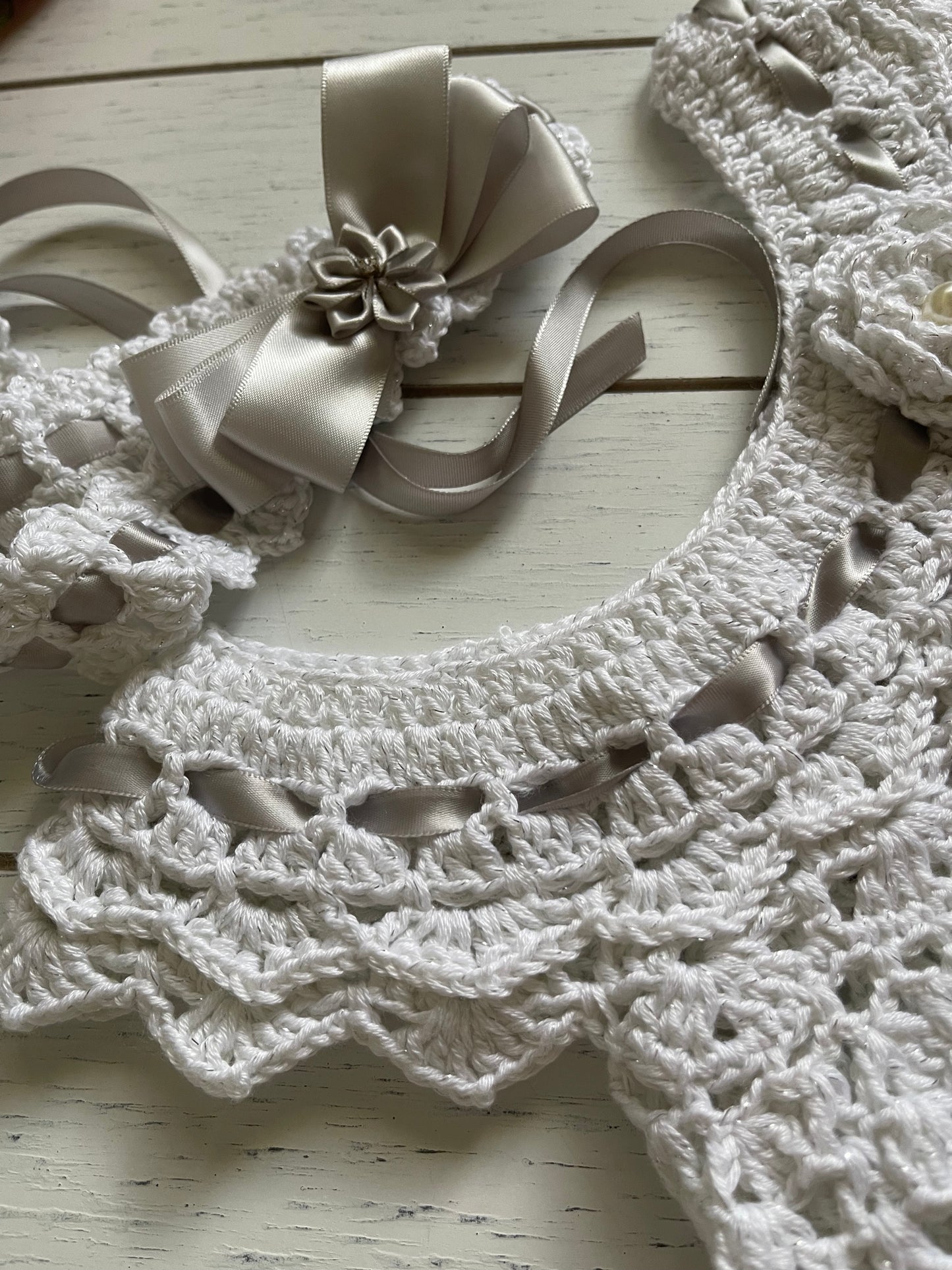 White & Silver Crochet Girl Dress With Ribbons