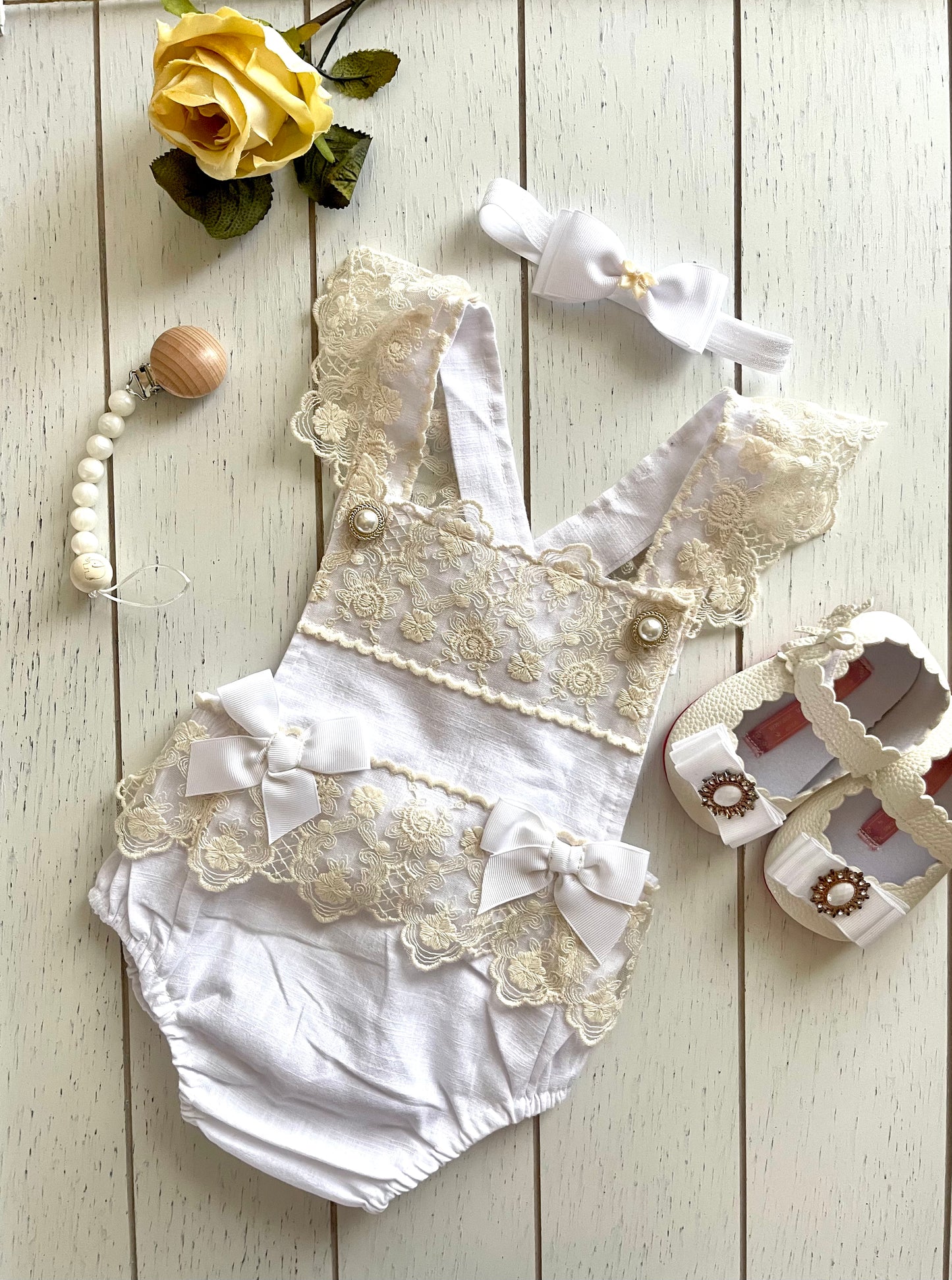 Lacey Ruffles Pearl Buttons & Bows Girl Romper Overalls