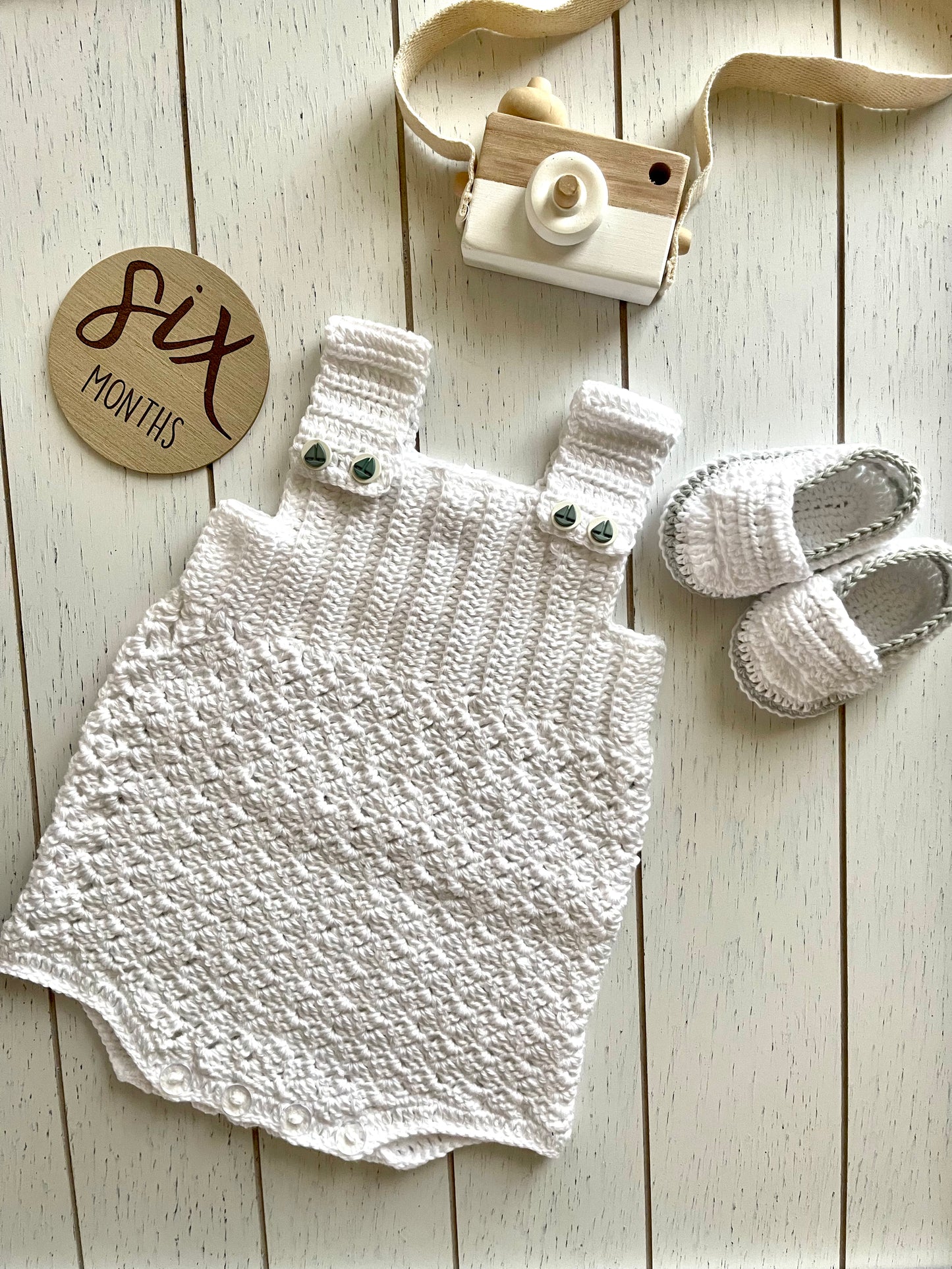 White Crochet Boy Romper with sailboat buttons Outfit Set