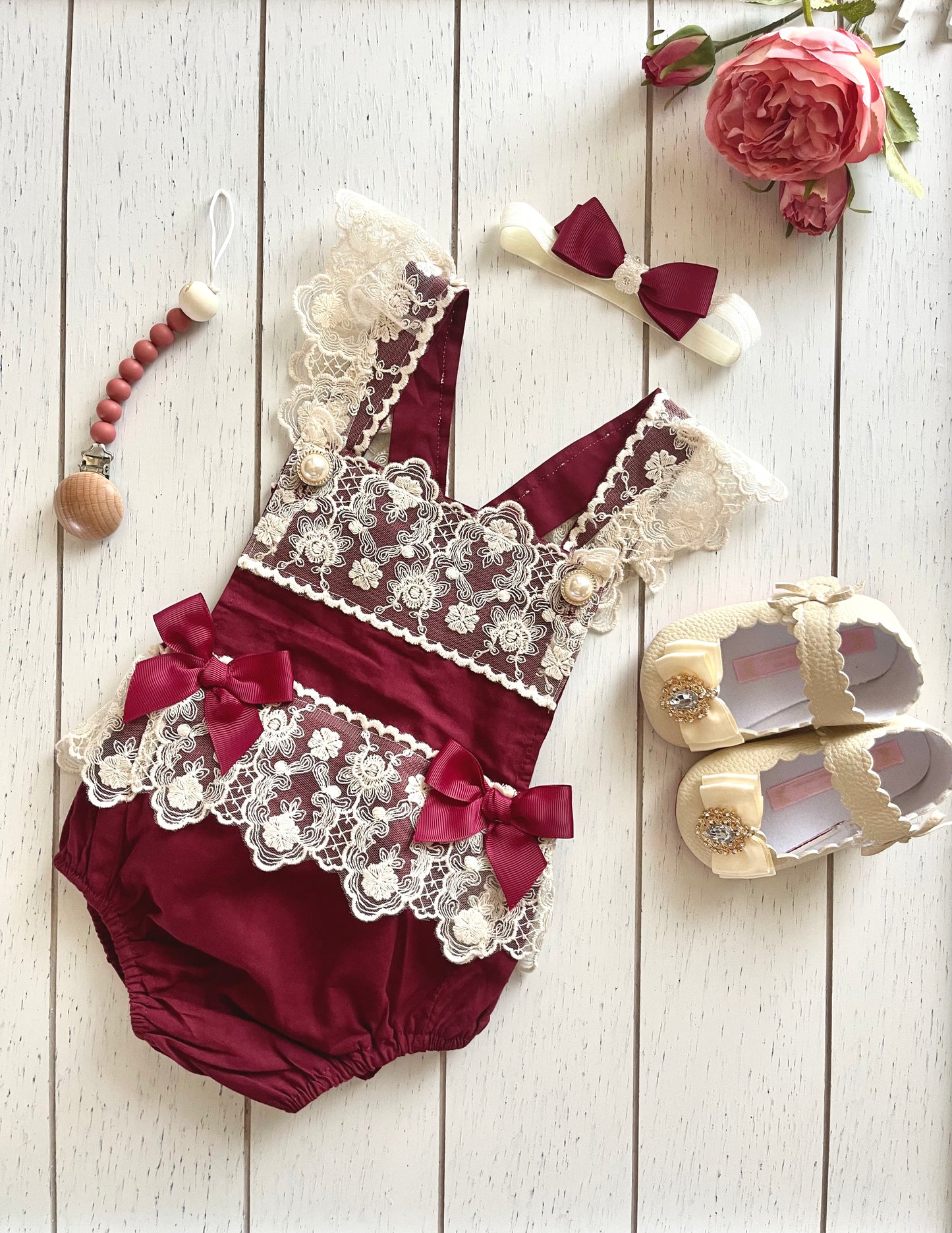 Lacey Ruffles Pearl Buttons & Bows Girl Romper Overalls