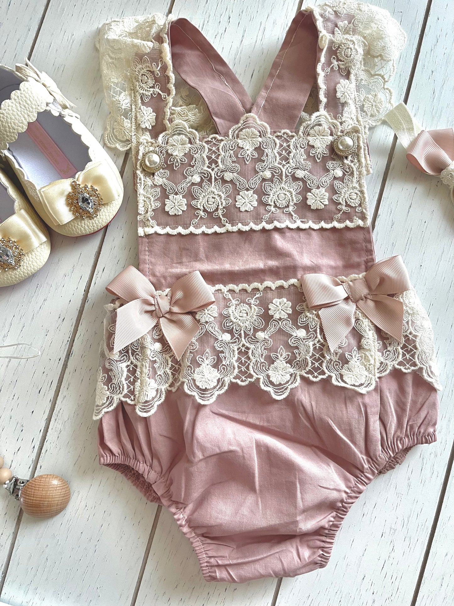 Lacey Ruffles Pearl Buttons & Bows Girl Romper Overalls