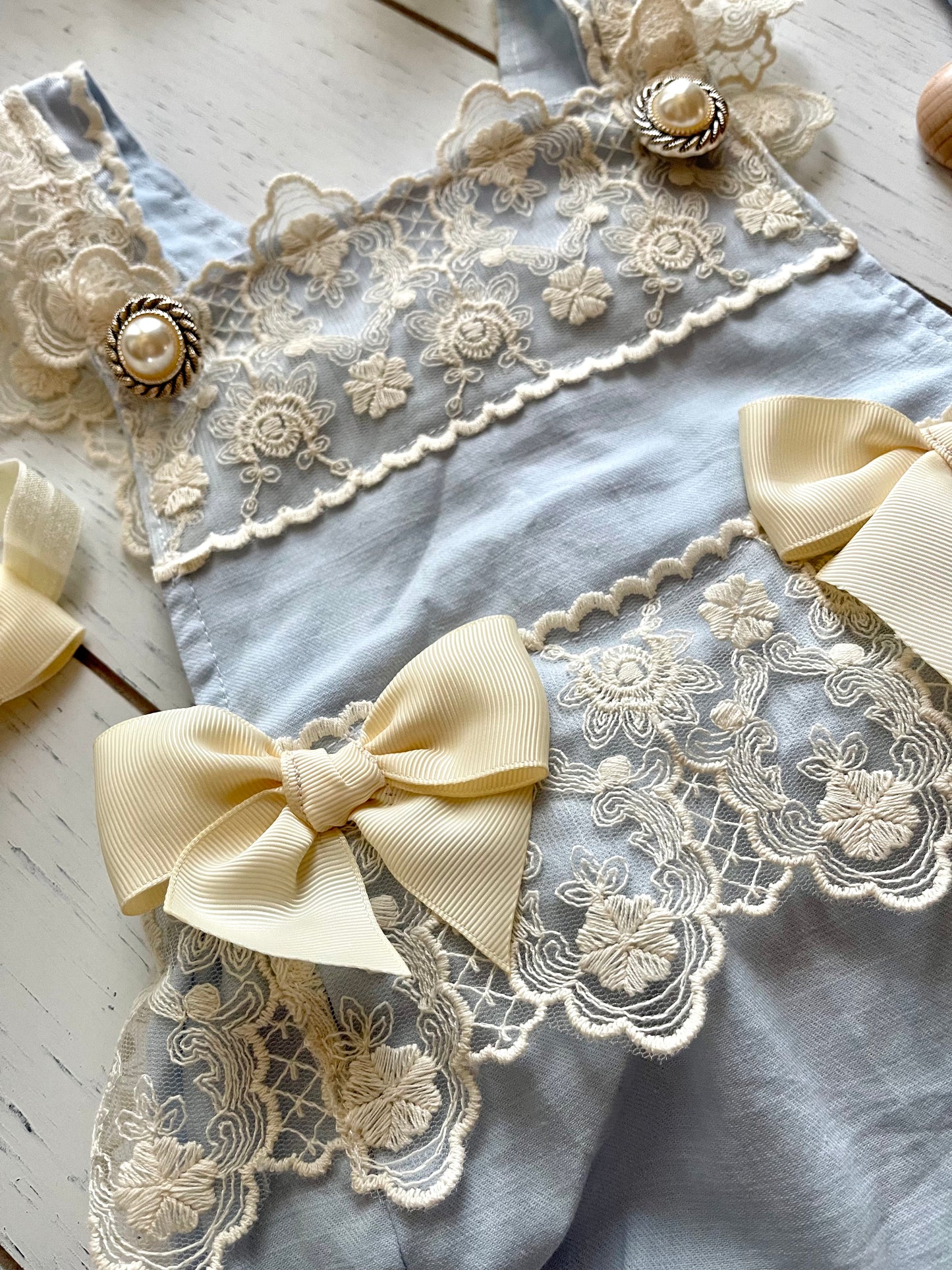 Lacey Ruffles Pearl Buttons & Bows Girl Romper Overalls
