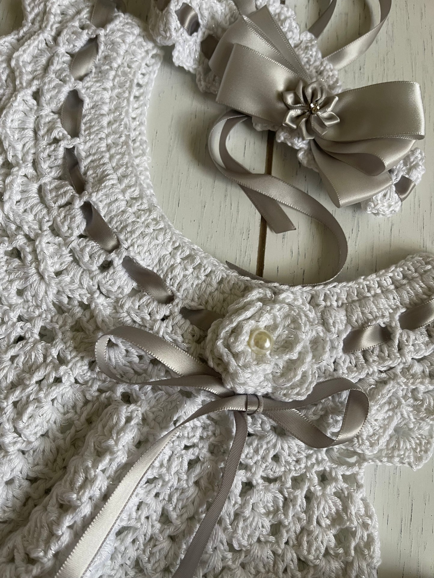 White & Silver Crochet Girl Dress With Ribbons