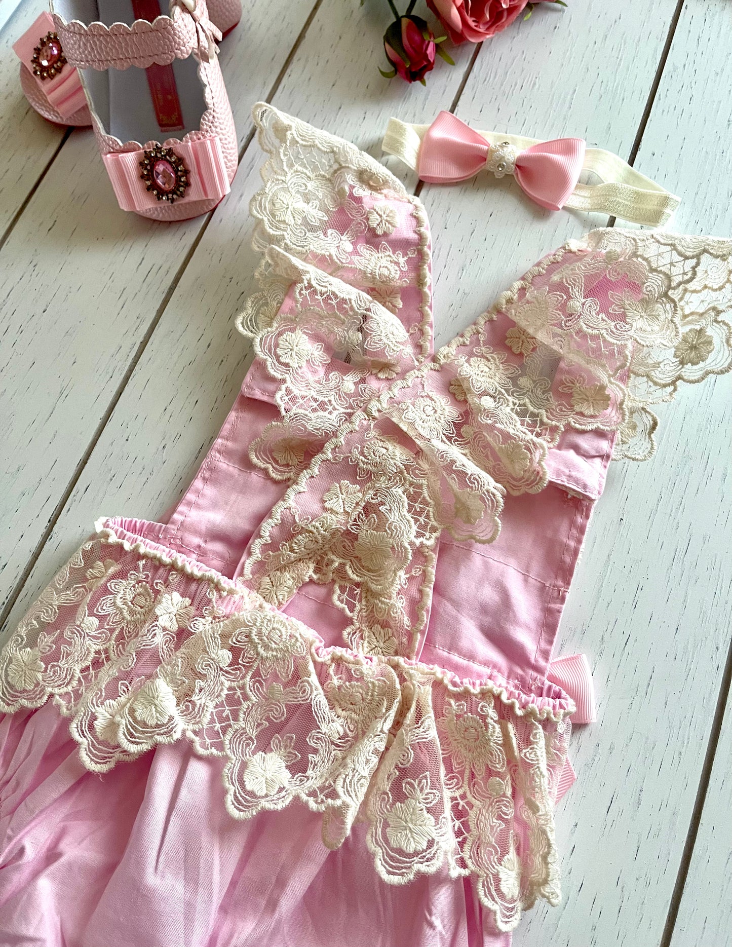 Lacey Ruffles Pearl Buttons & Bows Girl Romper Overalls