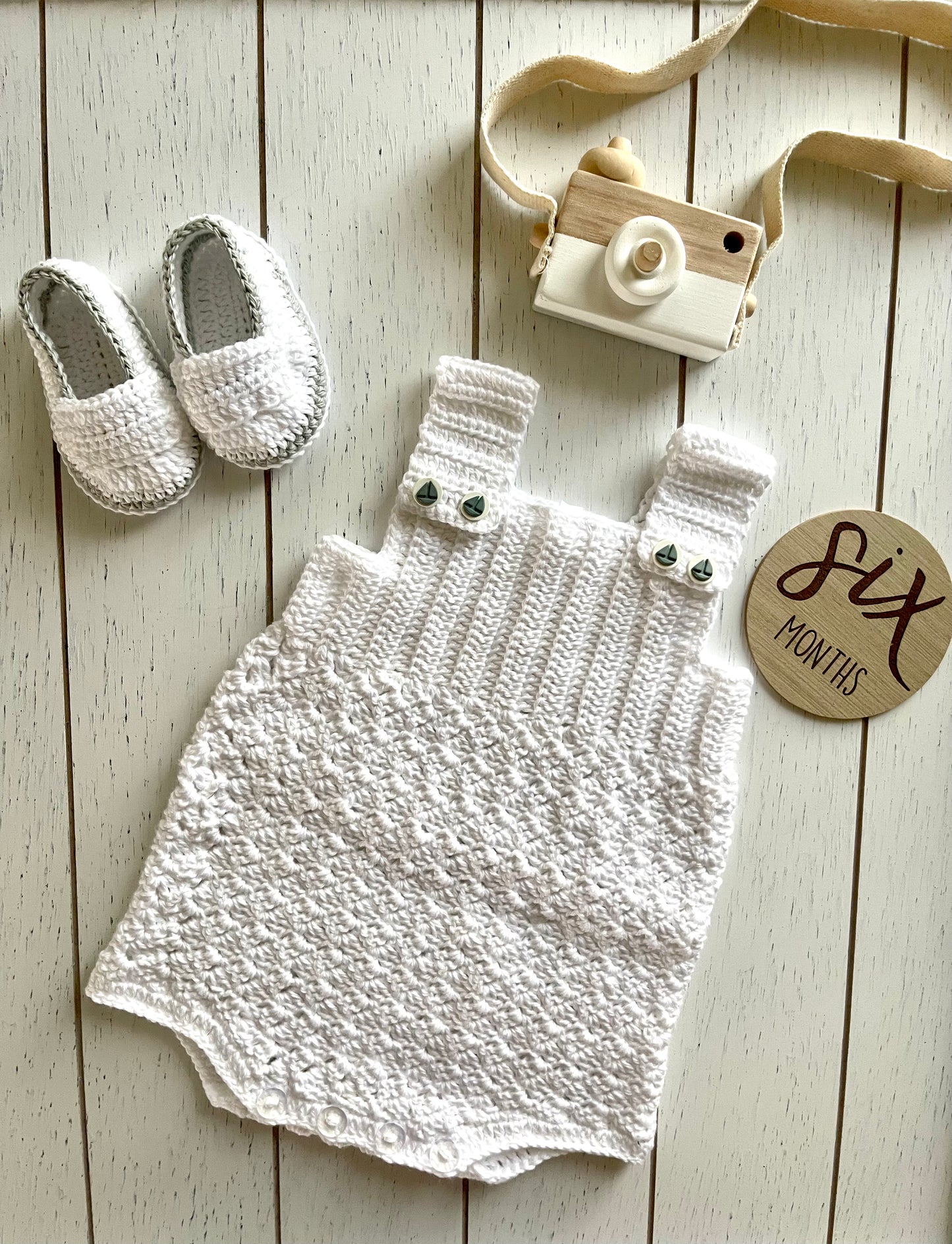 White Crochet Boy Romper with sailboat buttons Outfit Set