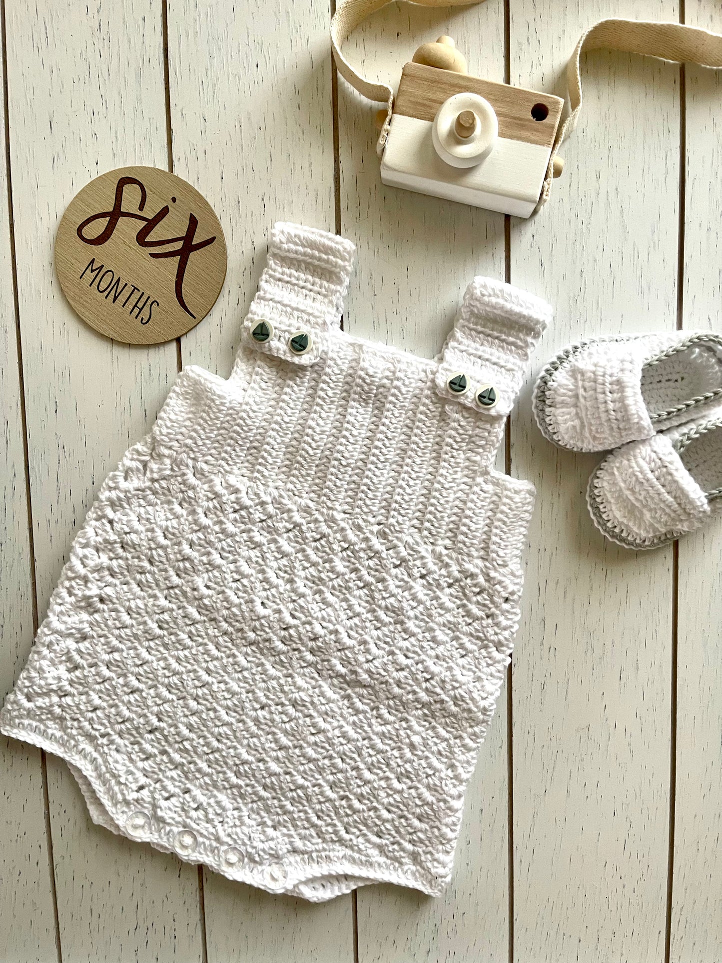 White Crochet Boy Romper with sailboat buttons Outfit Set