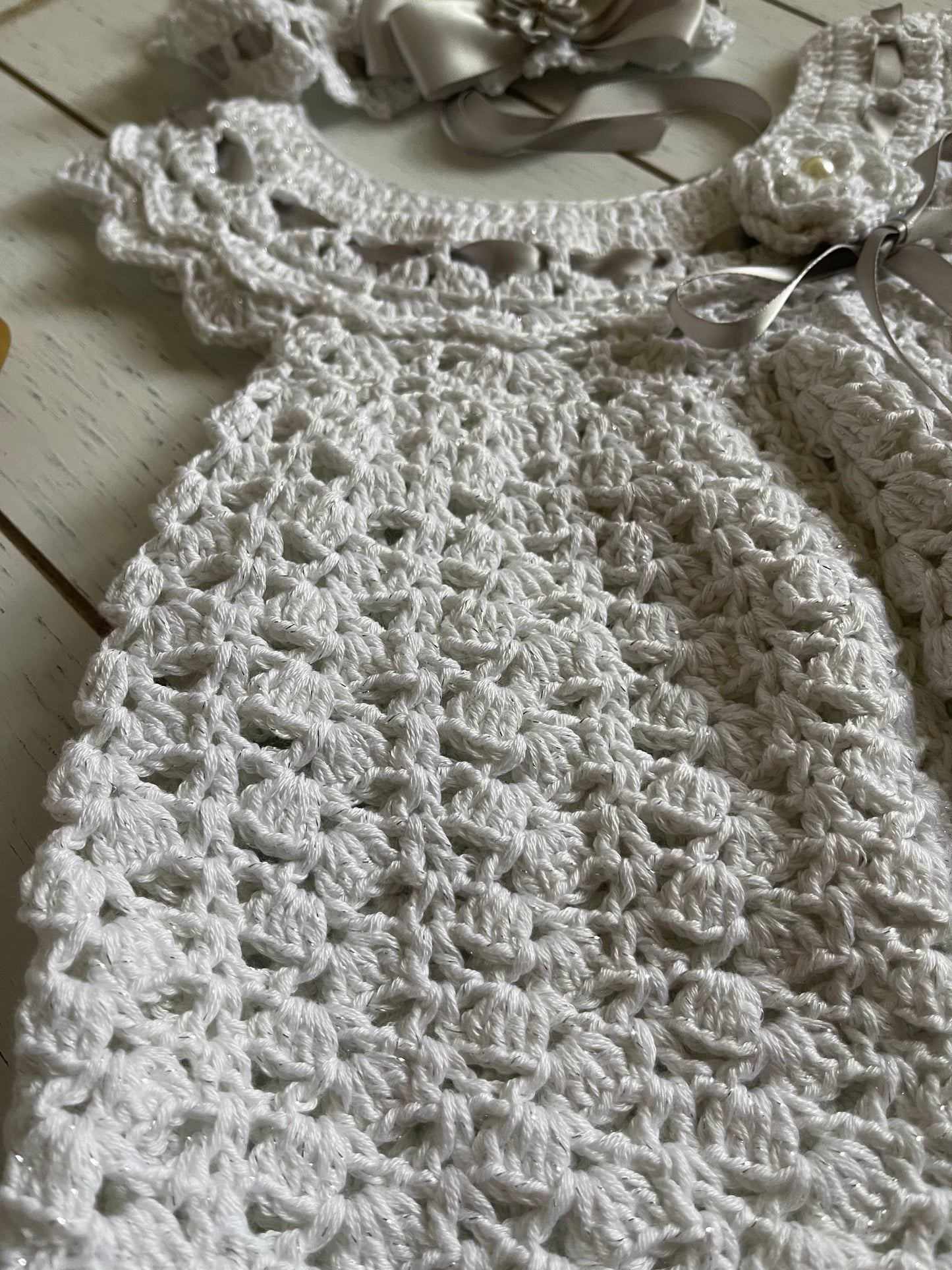 White & Silver Crochet Girl Dress With Ribbons