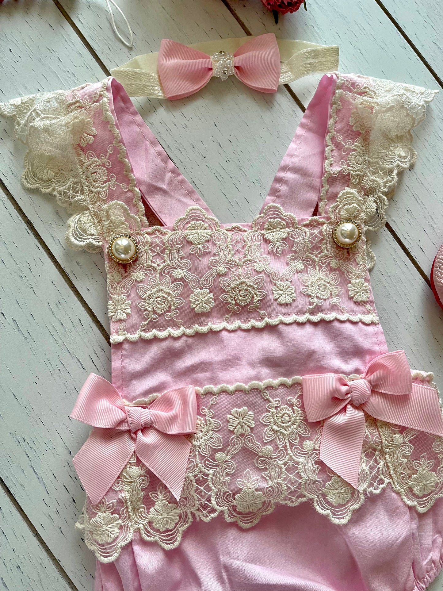 Lacey Ruffles Pearl Buttons & Bows Girl Romper Overalls