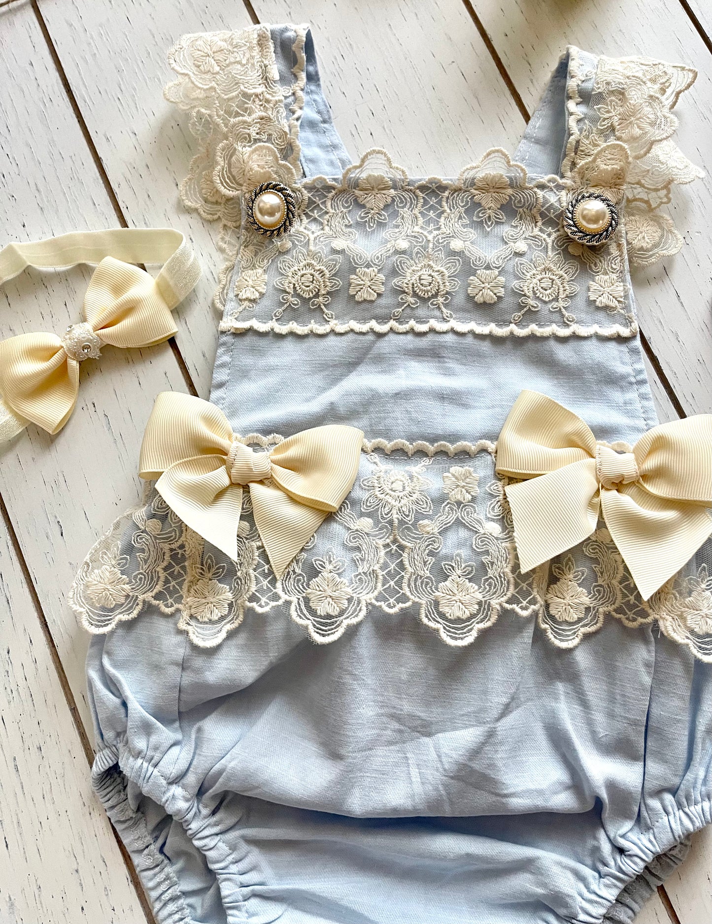 Lacey Ruffles Pearl Buttons & Bows Girl Romper Overalls