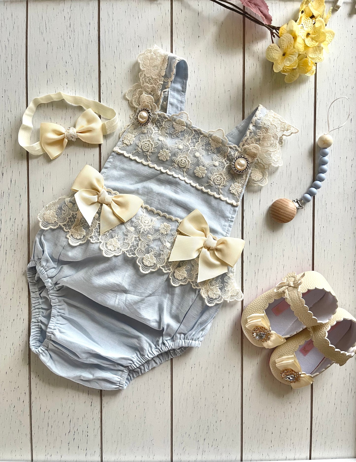 Lacey Ruffles Pearl Buttons & Bows Girl Romper Overalls