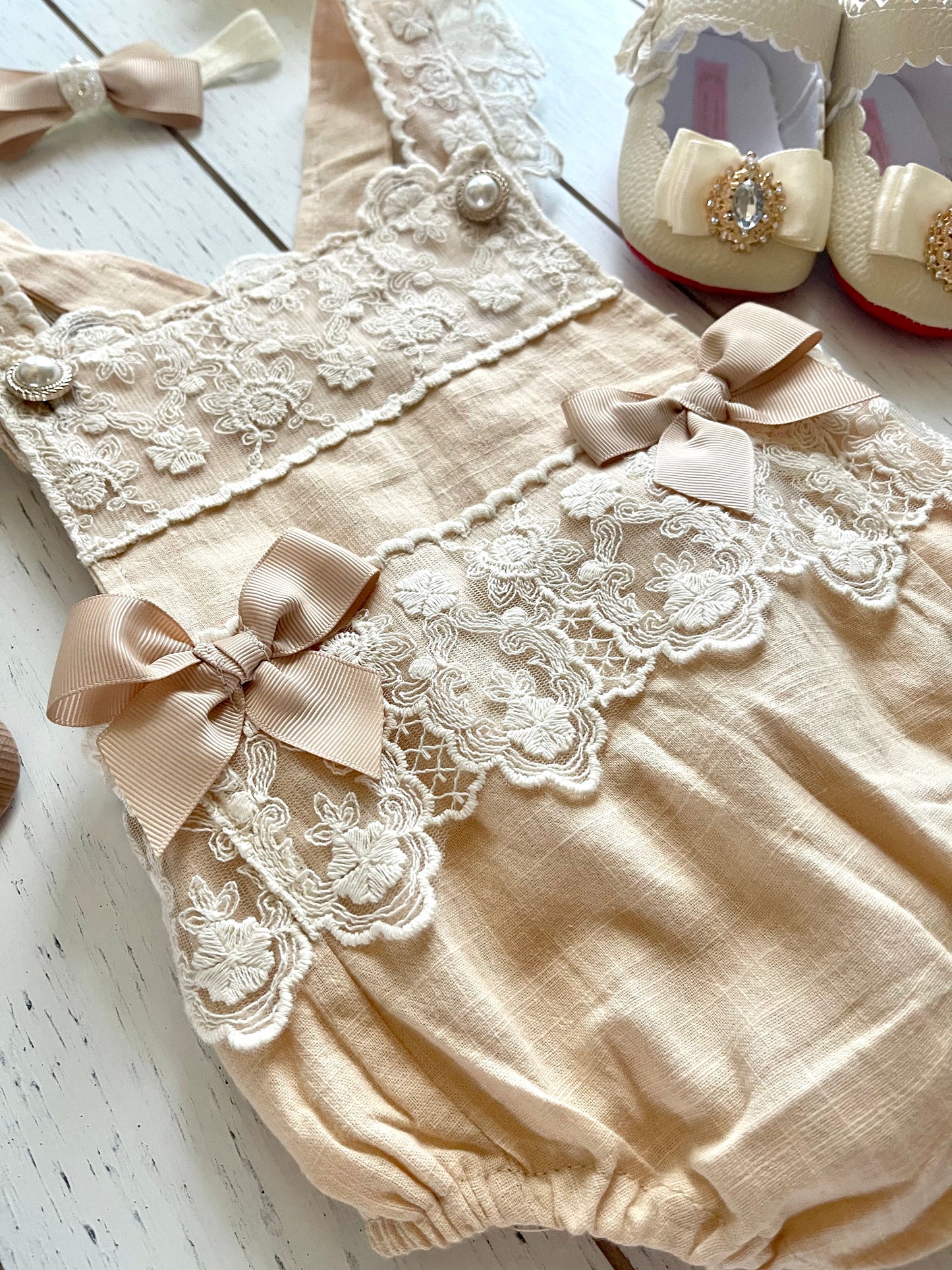 Lacey Ruffles Pearl Buttons & Bows Girl Romper Overalls