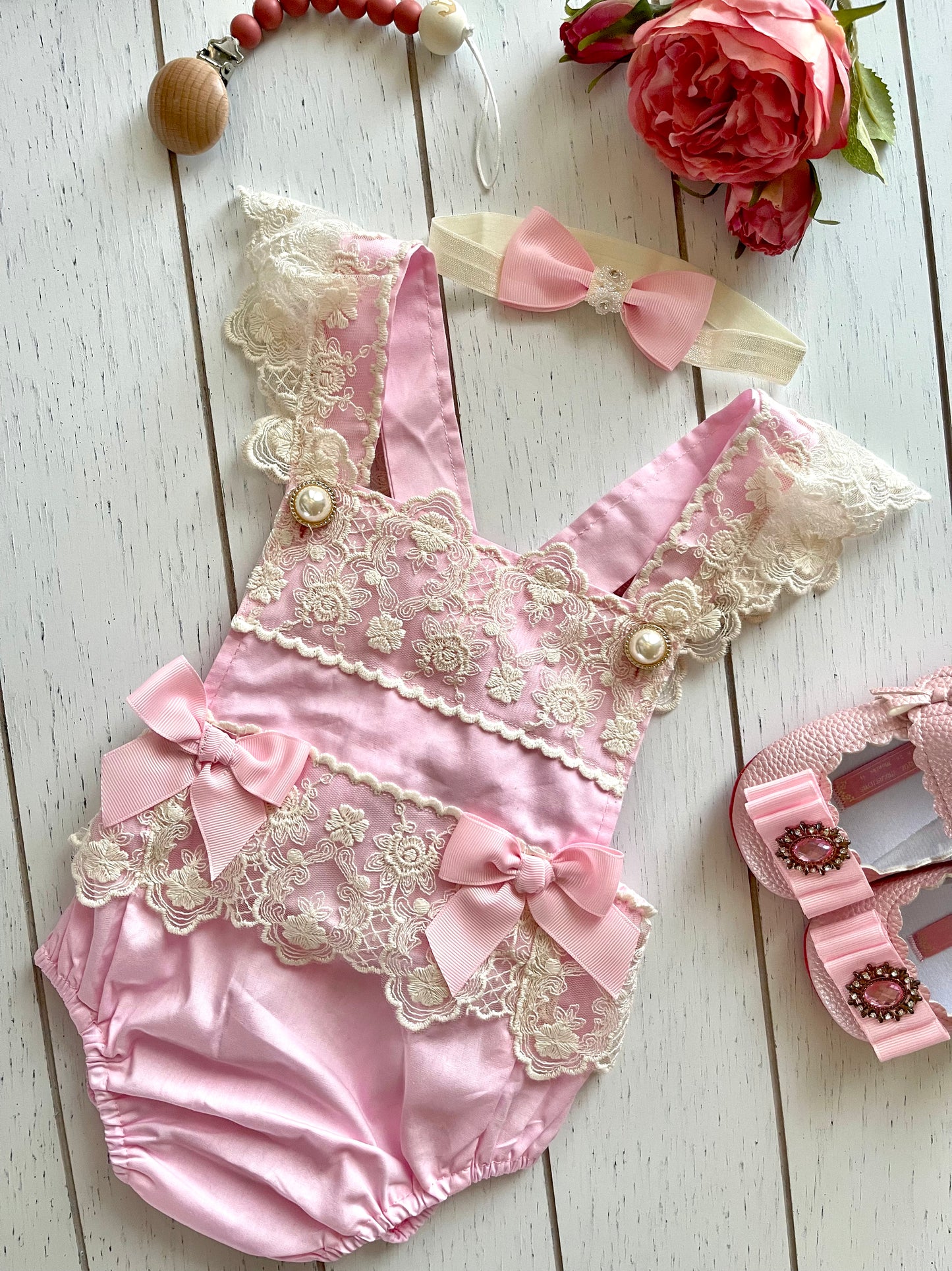 Lacey Ruffles Pearl Buttons & Bows Girl Romper Overalls