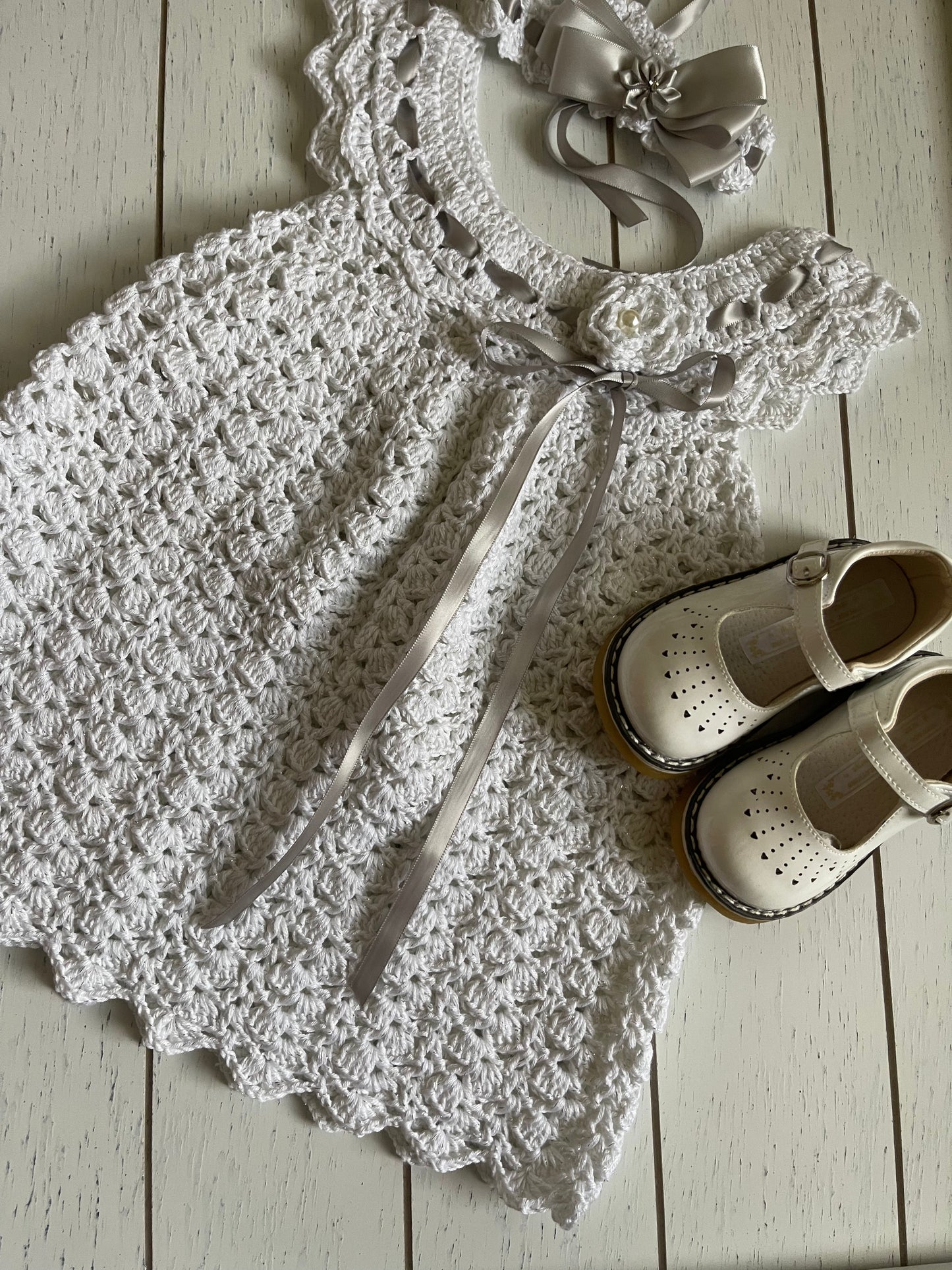 White & Silver Crochet Girl Dress With Ribbons