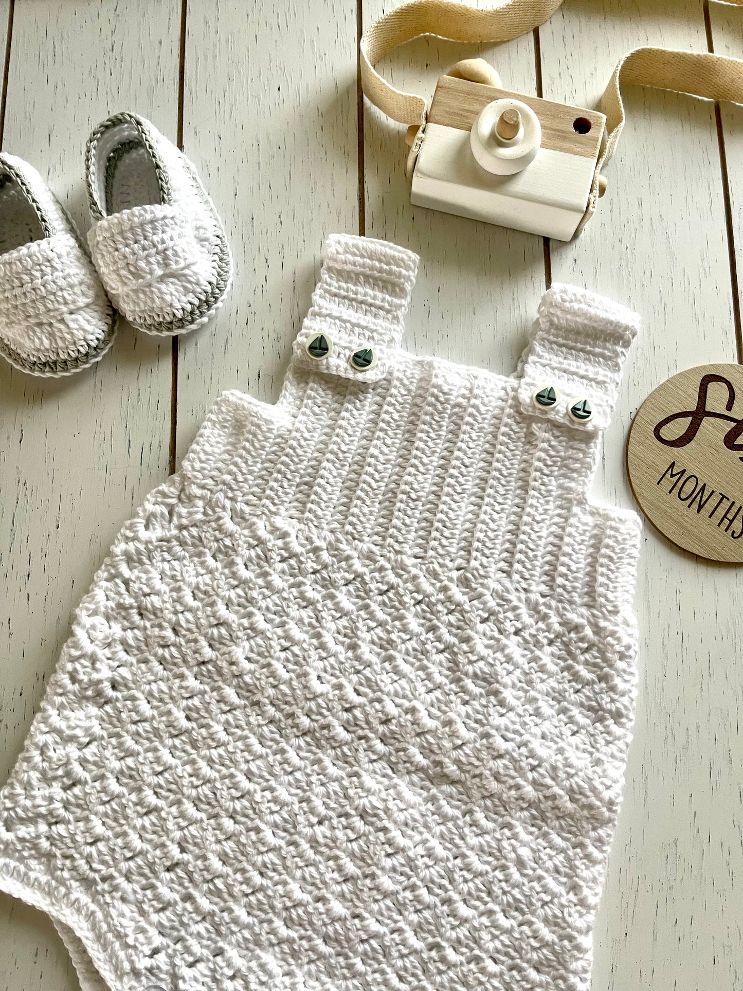 White Crochet Boy Romper with sailboat buttons Outfit Set