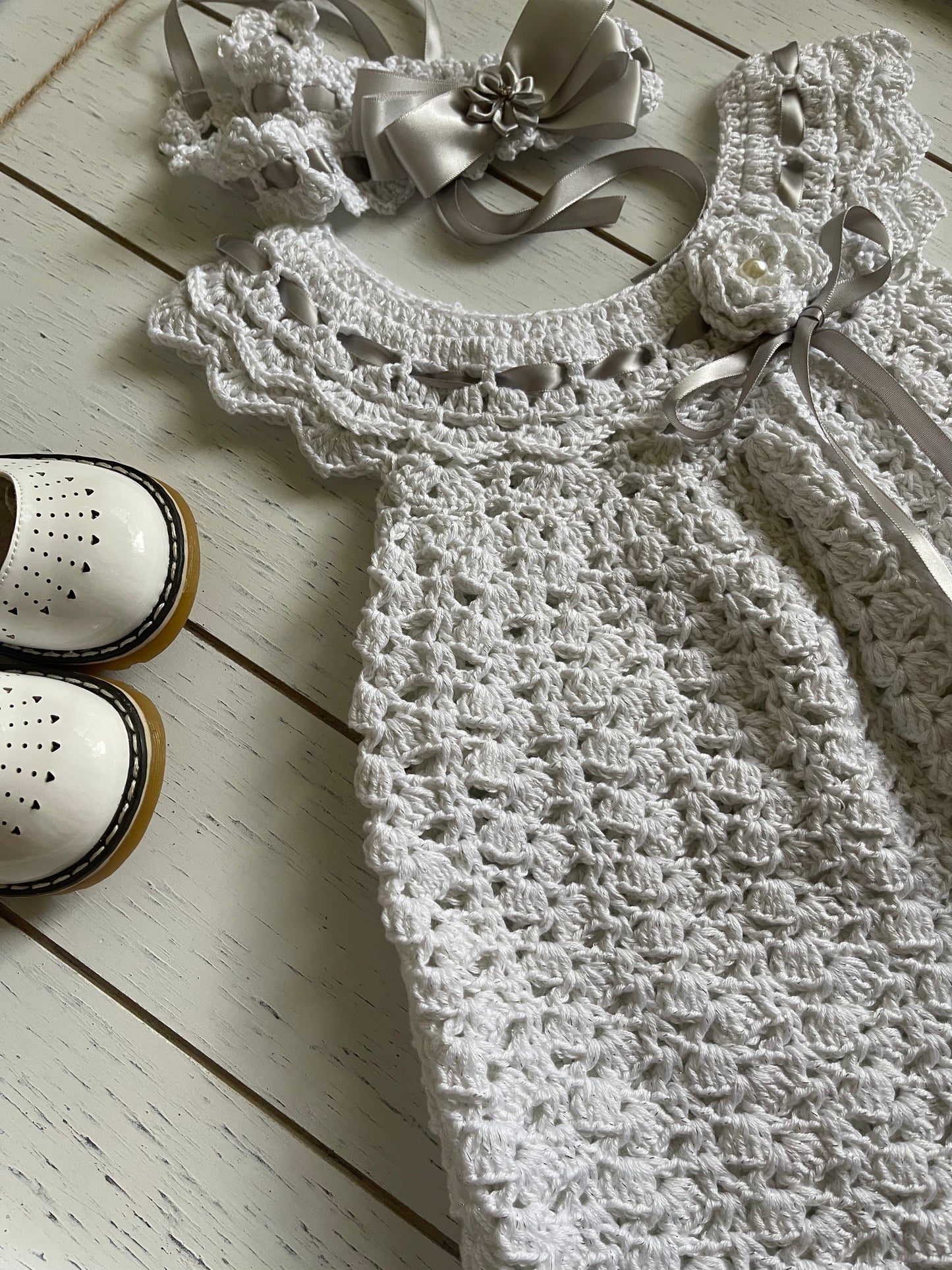 White & Silver Crochet Girl Dress With Ribbons
