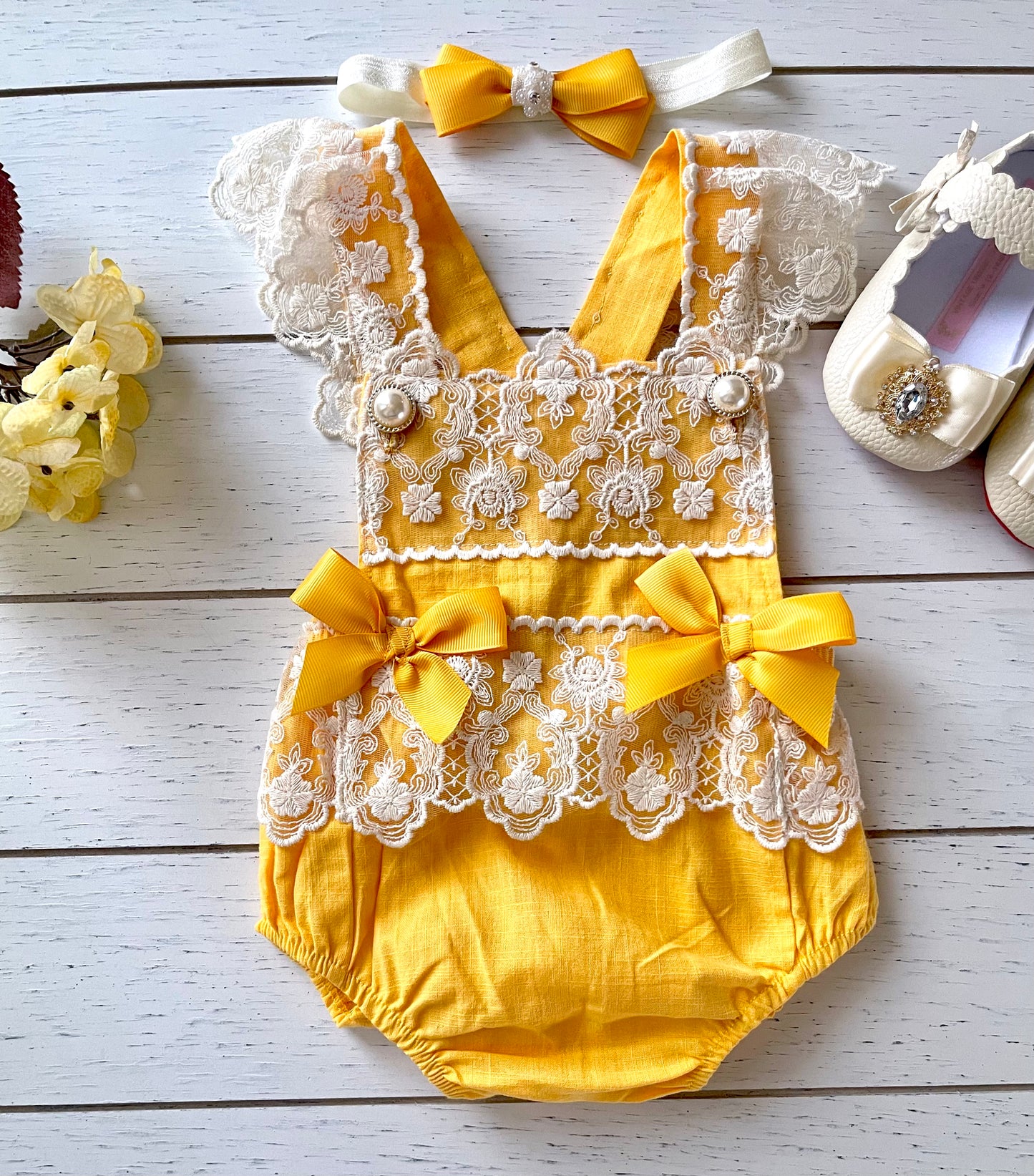 Lacey Ruffles Pearl Buttons & Bows Girl Romper Overalls