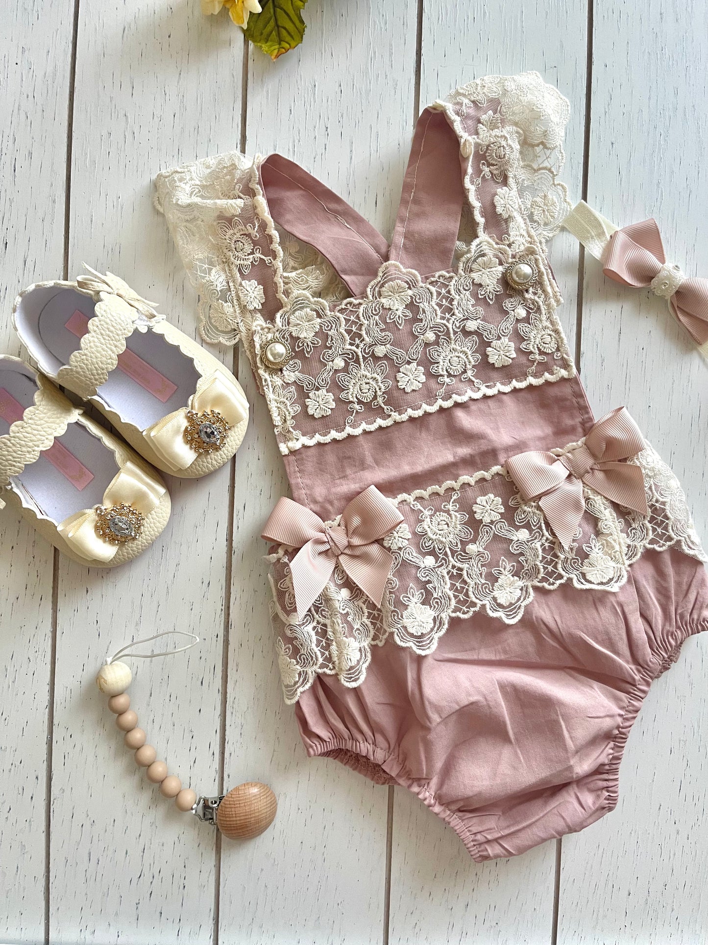 Lacey Ruffles Pearl Buttons & Bows Girl Romper Overalls