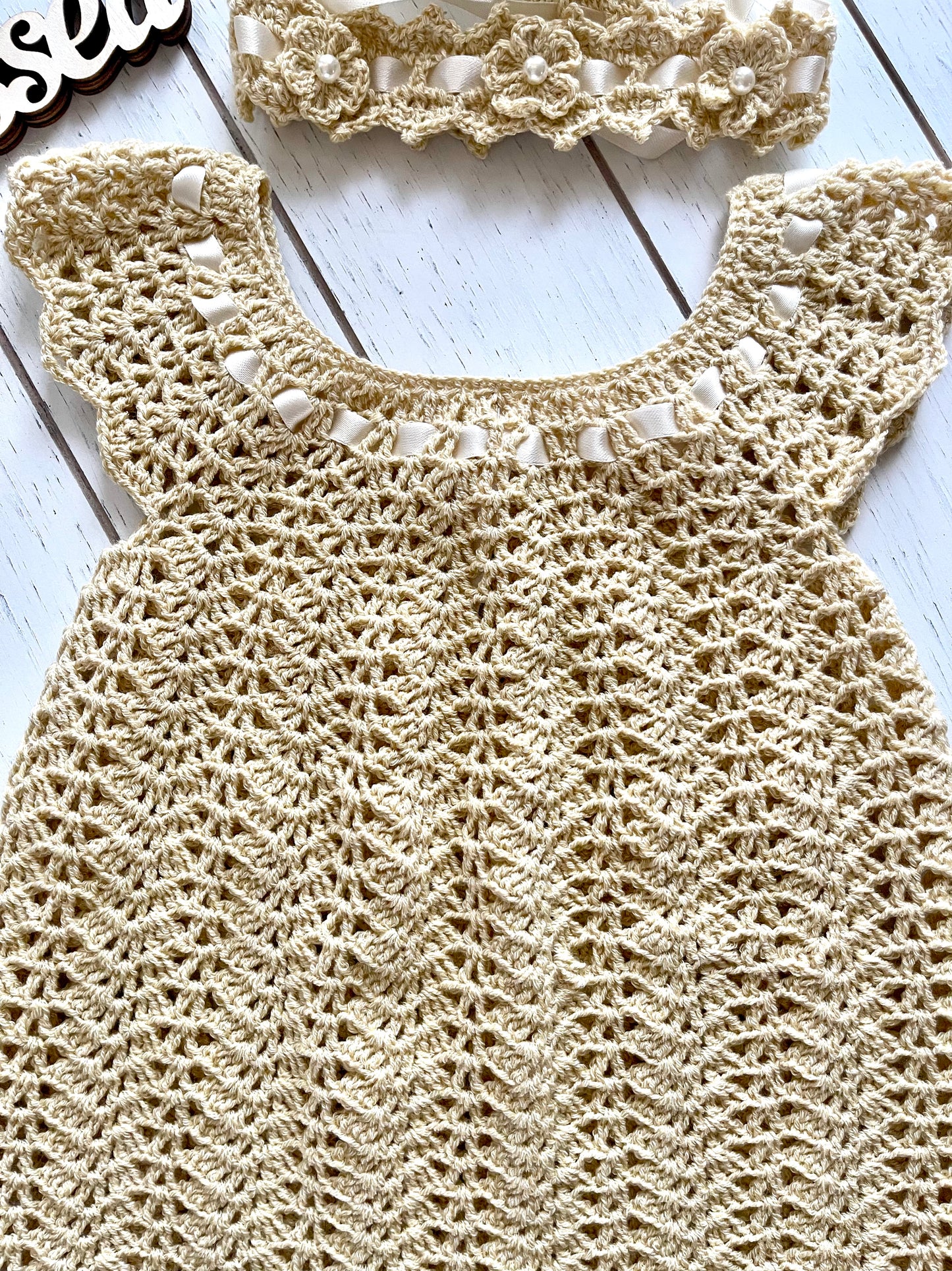 Tan Crochet Girl Dress with Flowers & Pearls