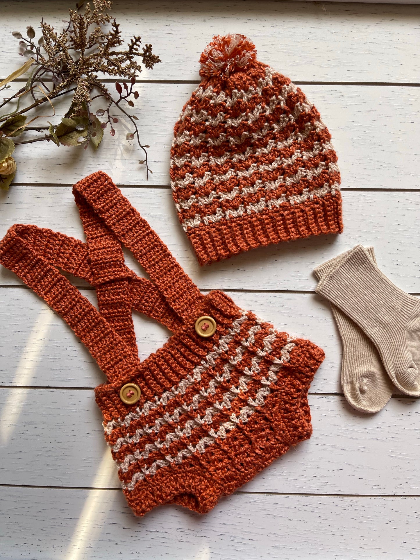 Autumn Striped Crochet Boy or Girl Overalls Outfit Set