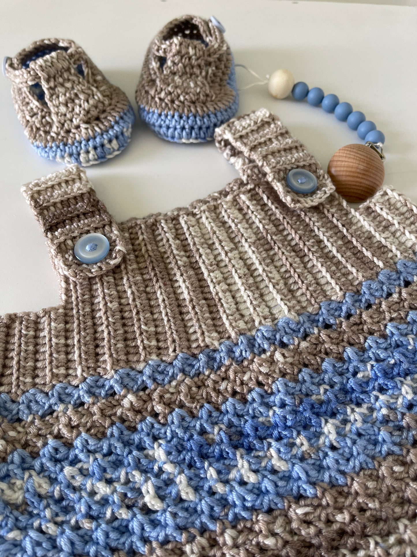 Shaded Blue & Tan Crochet Boy Romper Set