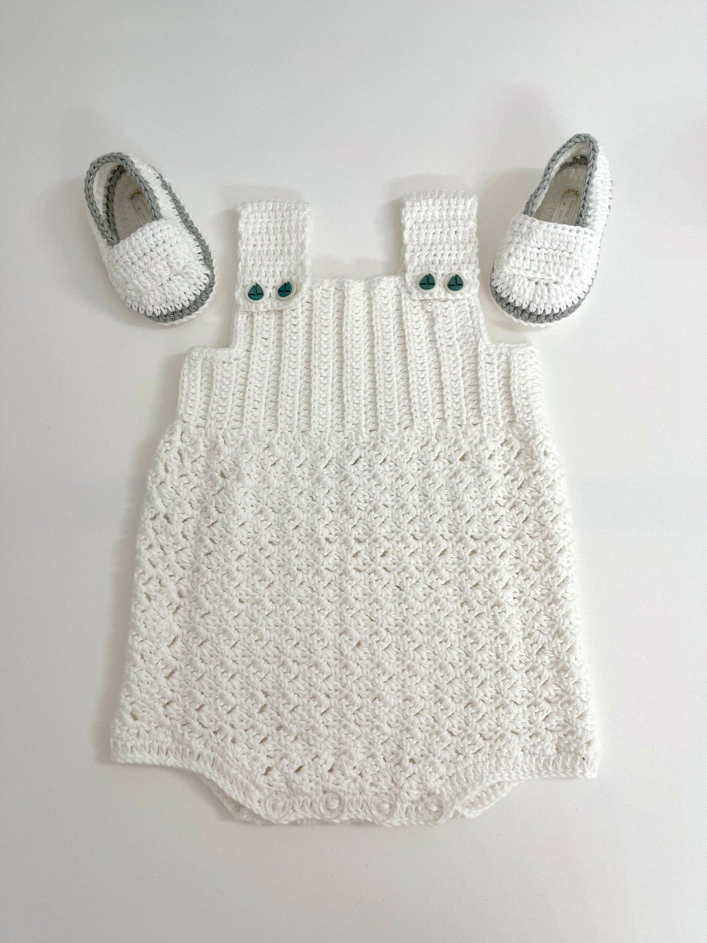 White Crochet Boy  Romper with sailboat buttons Outfit Set