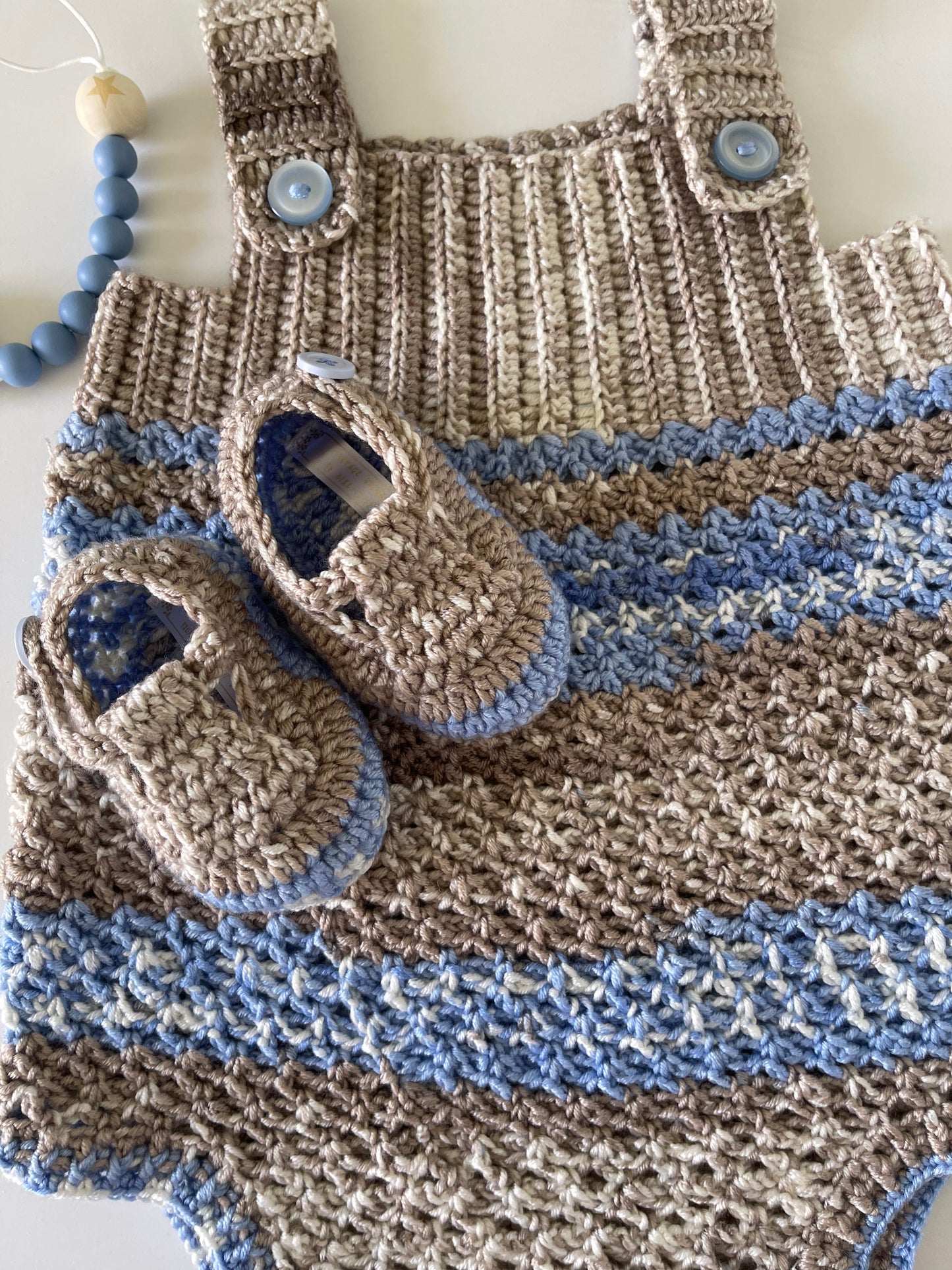 Shaded Blue & Tan Crochet Boy Romper Set