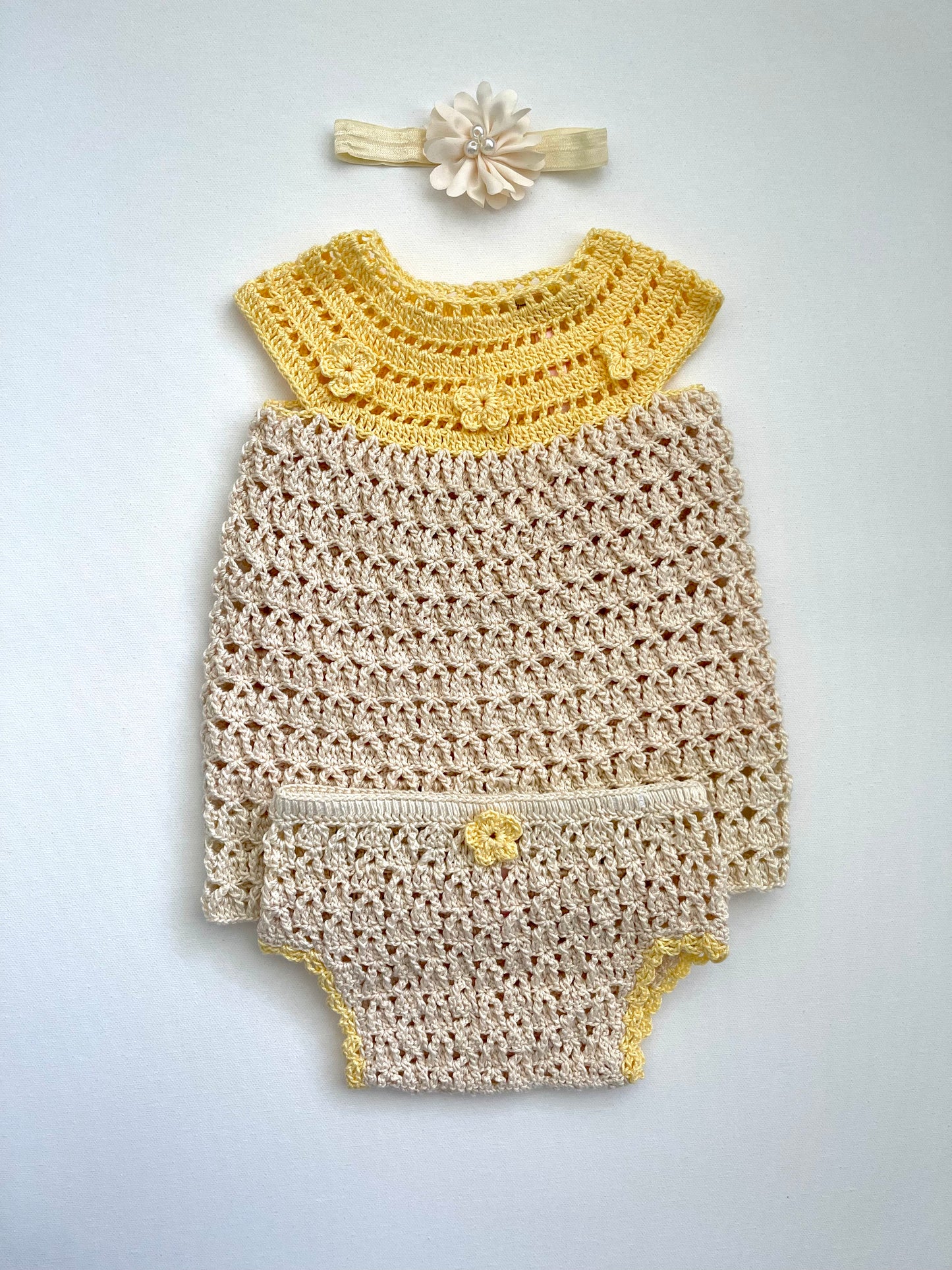 Beige & Yellow Crochet Girl Dress outfit Set