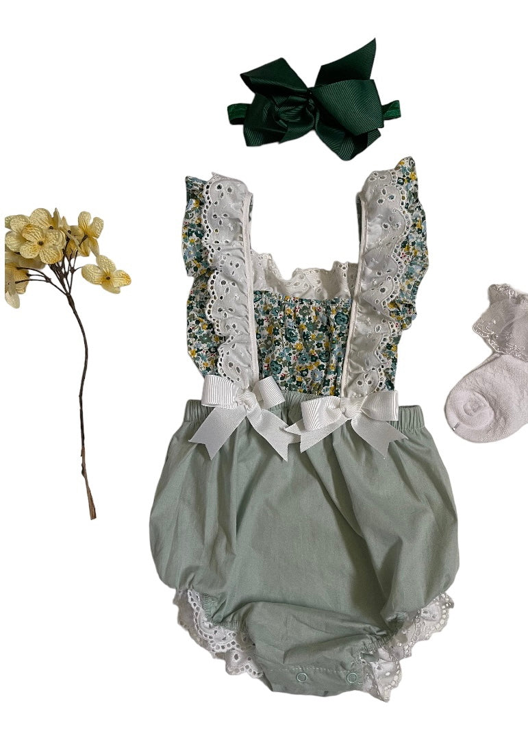 Vintage Green or Beige Girl Overalls, with ruffles and bows