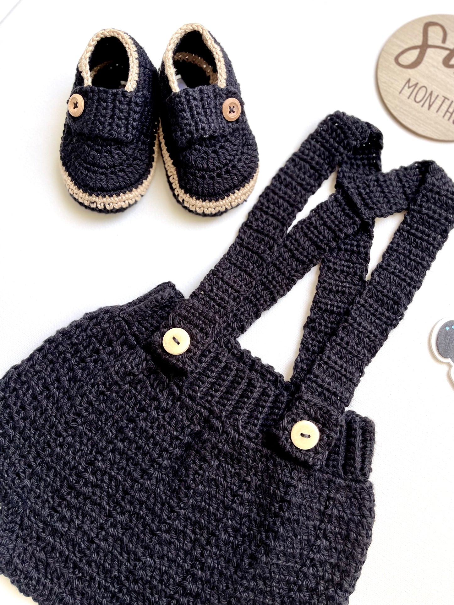 Black & Kaki Crochet Boy Overalls Outfit Set