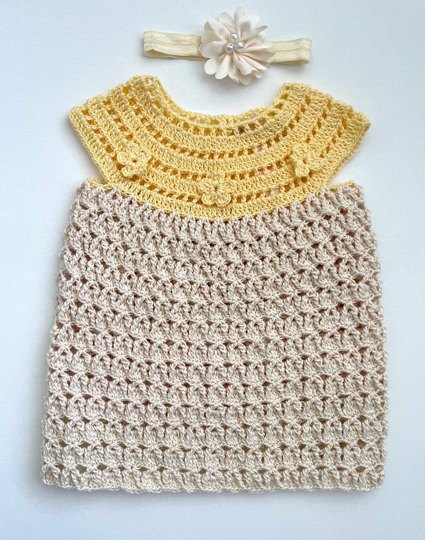 Beige & Yellow Crochet Girl Dress outfit Set