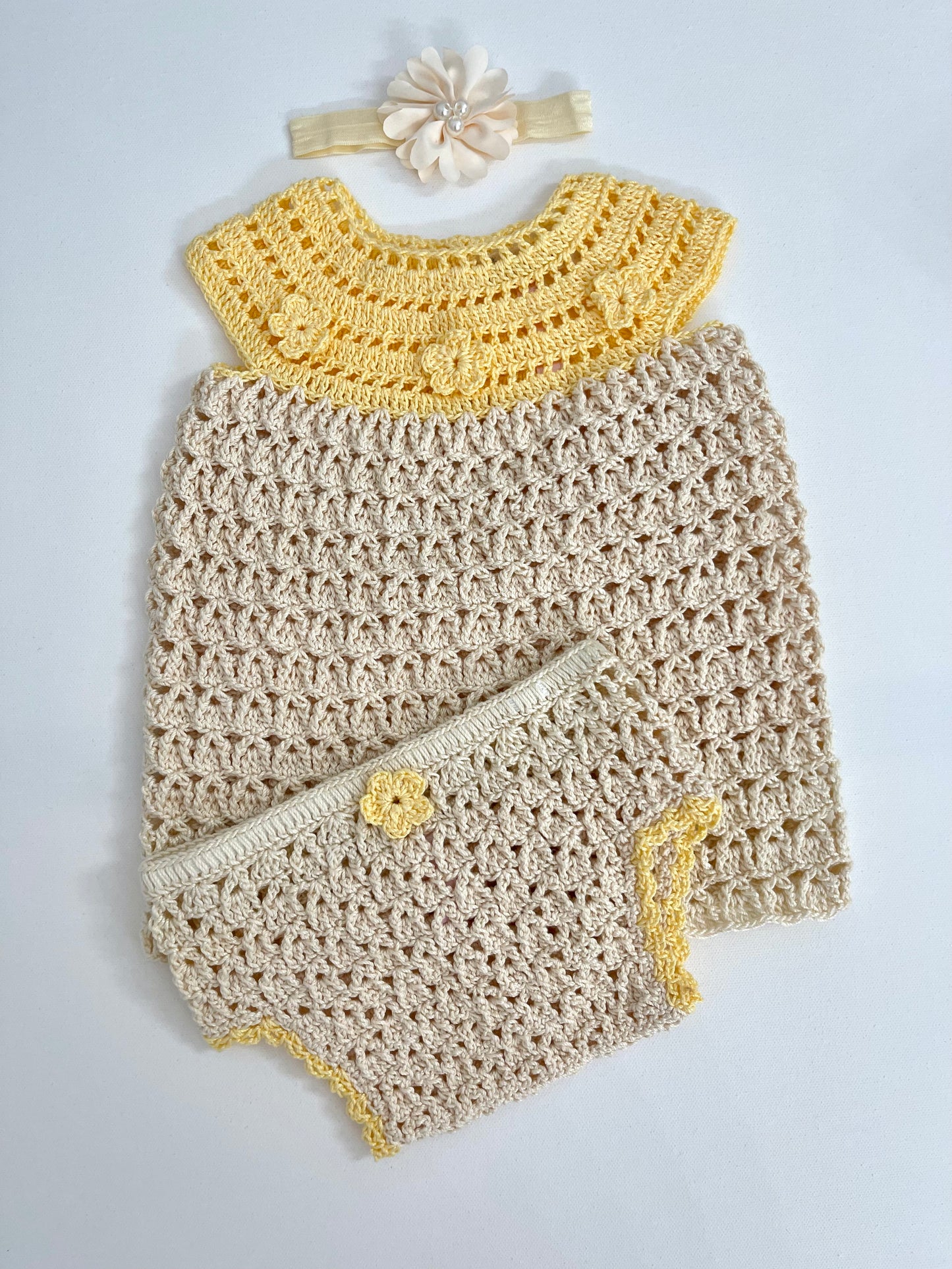 Beige & Yellow Crochet Girl Dress outfit Set