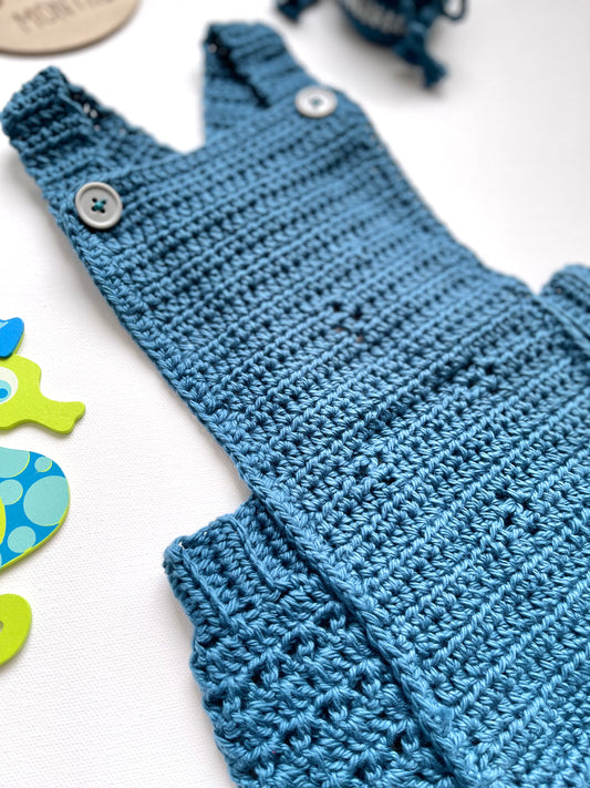 Teal n Gray Crochet Boy Overalls Set