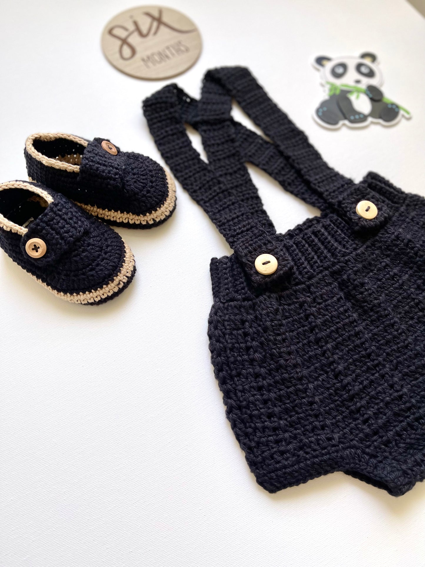 Black & Kaki Crochet Boy Overalls Outfit Set