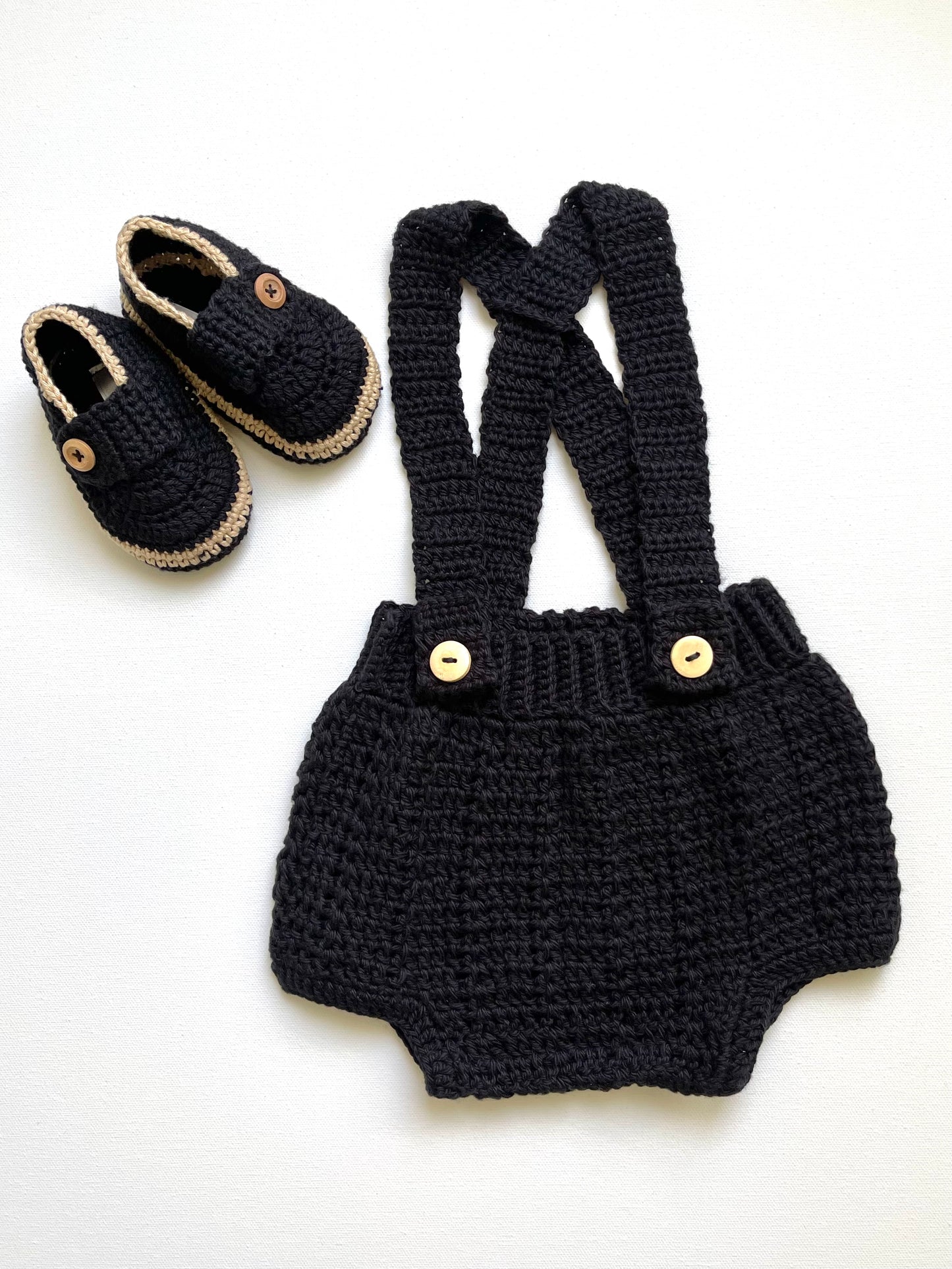 Black & Kaki Crochet Boy Overalls Outfit Set