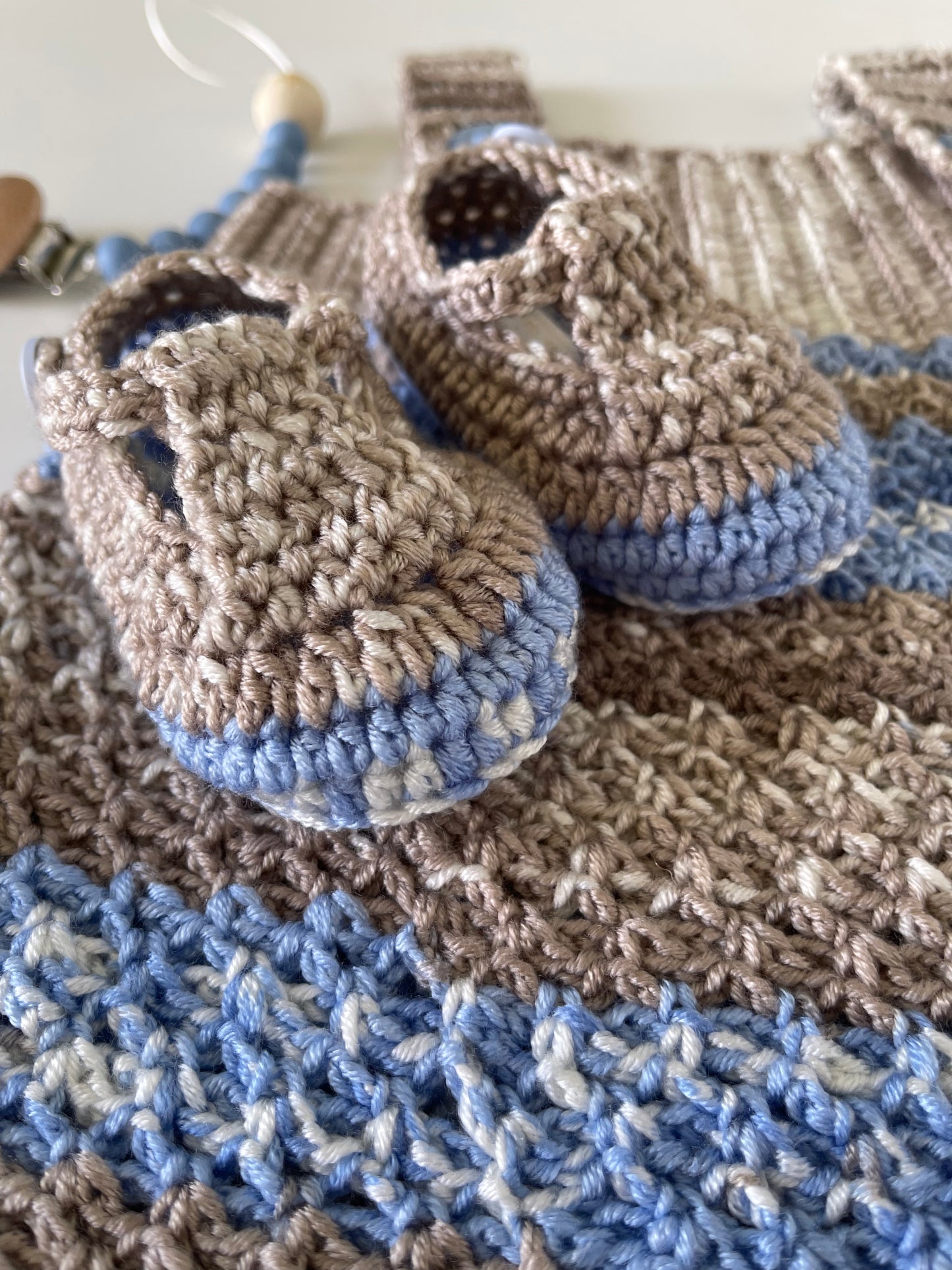 Shaded Blue & Tan Crochet Boy Romper Set