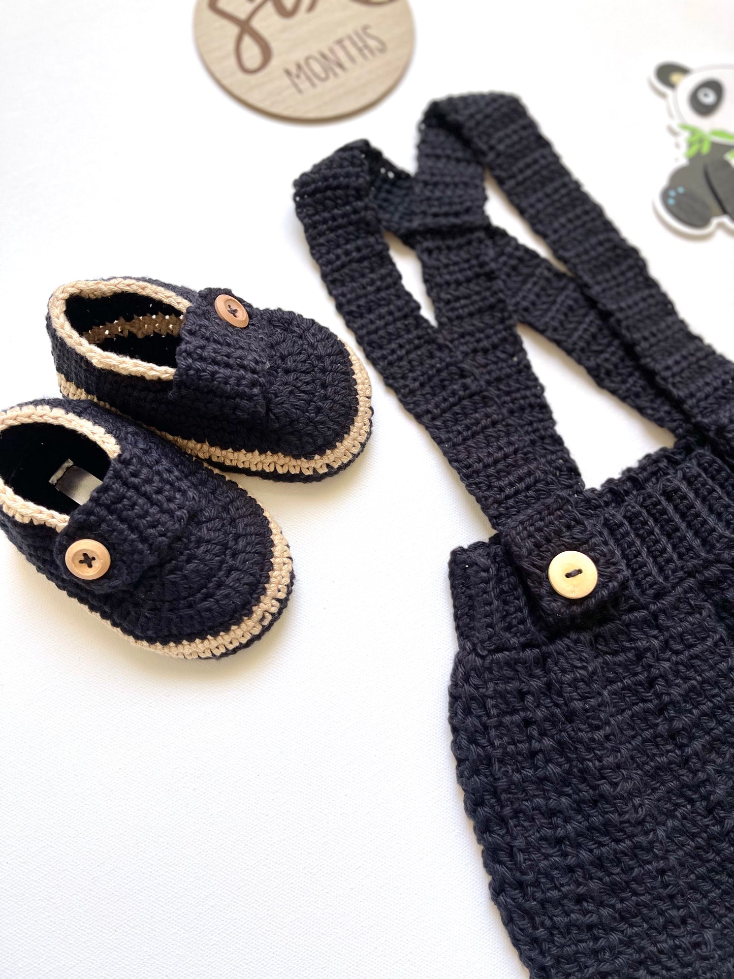 Black & Kaki Crochet Boy Overalls Outfit Set