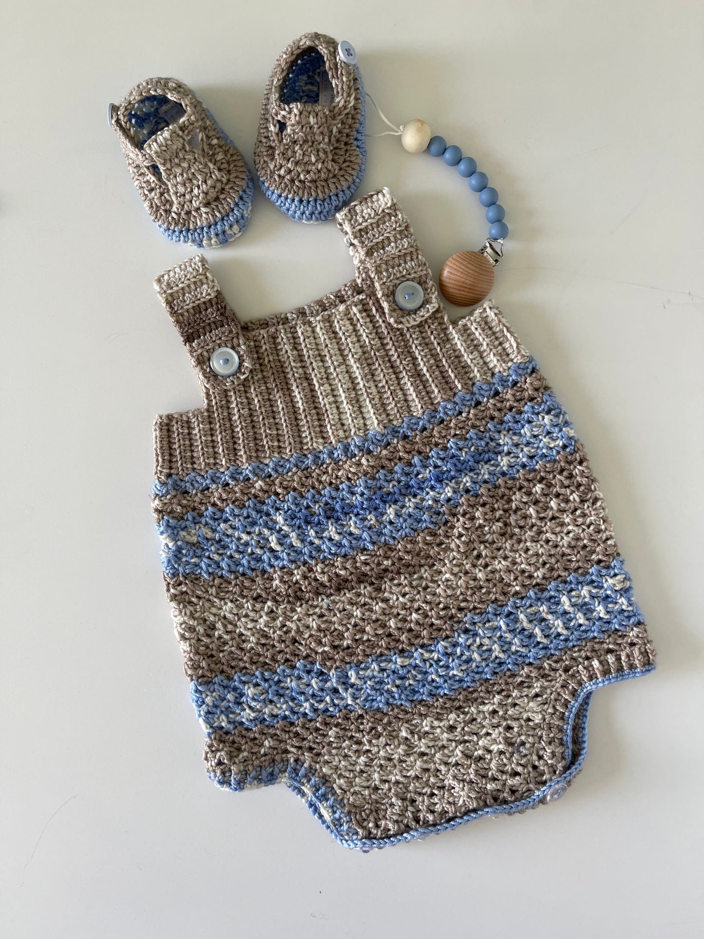 Shaded Blue & Tan Crochet Boy Romper Set