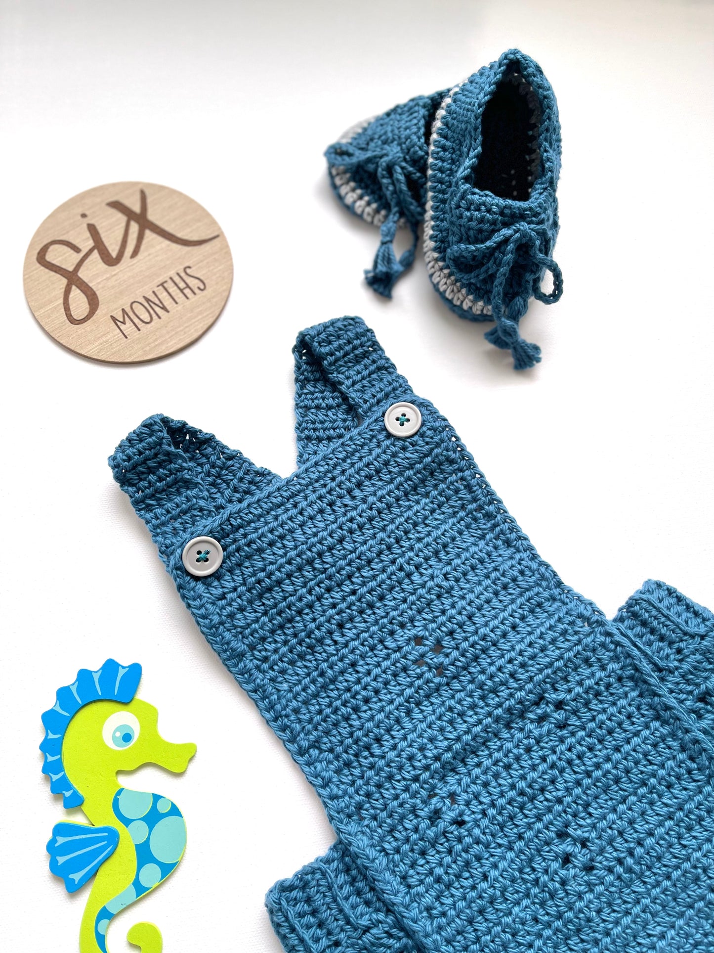 Teal n Gray Crochet Boy Overalls Set