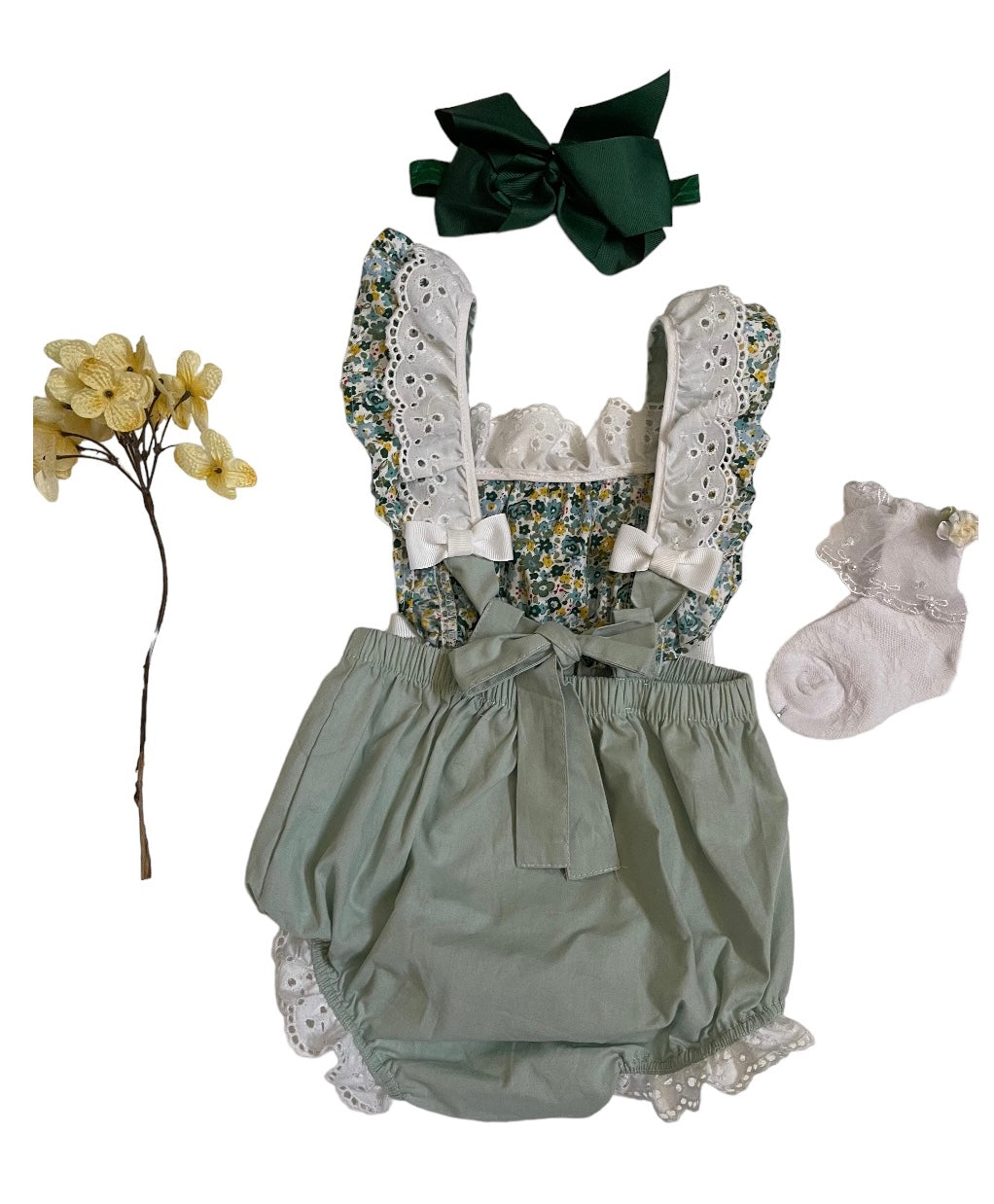 Vintage Green or Beige Girl Overalls, with ruffles and bows