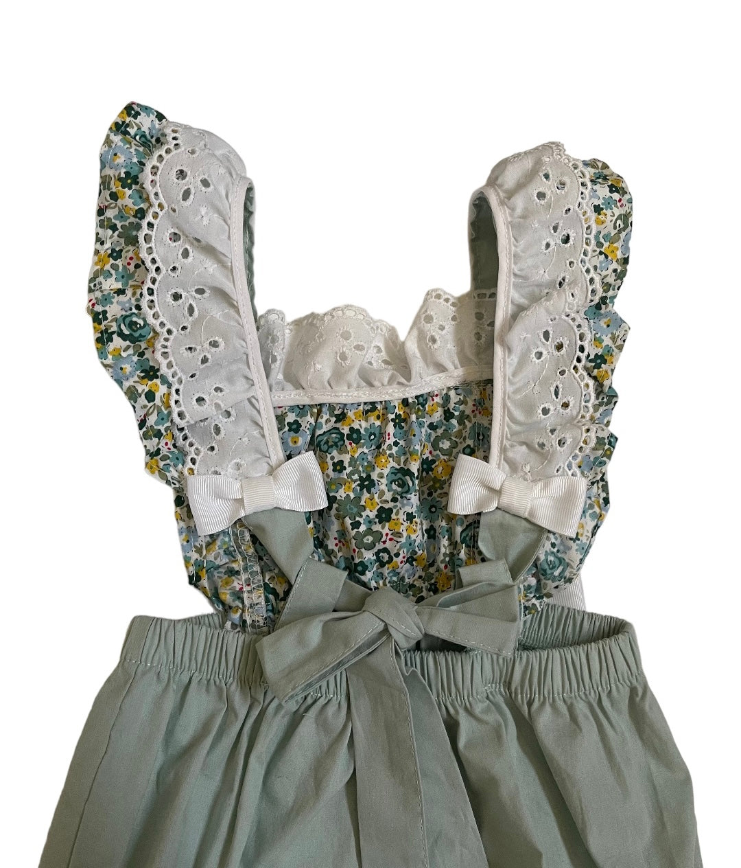 Vintage Green or Beige Girl Overalls, with ruffles and bows