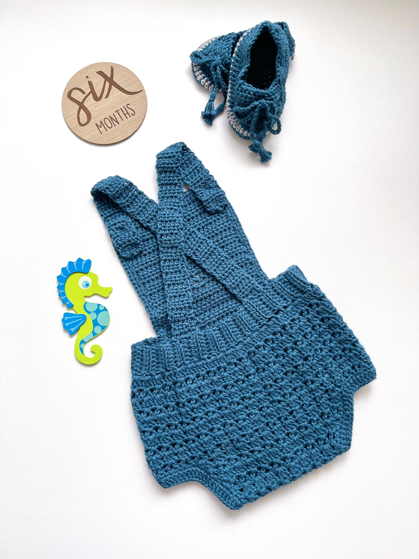 Teal n Gray Crochet Boy Overalls Set