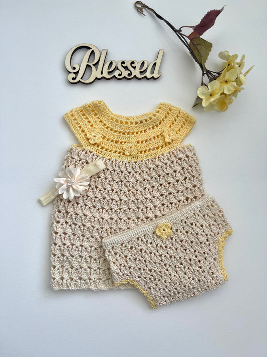 Beige & Yellow Crochet Girl Dress outfit Set