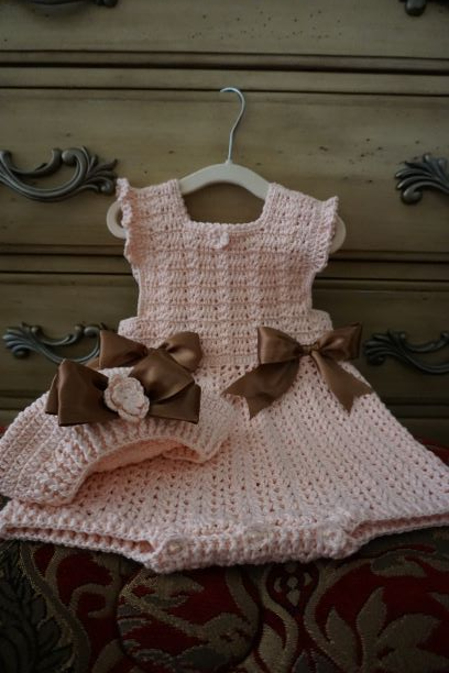 Light Peach, Crochet Girl Romper & Beret, outfit set