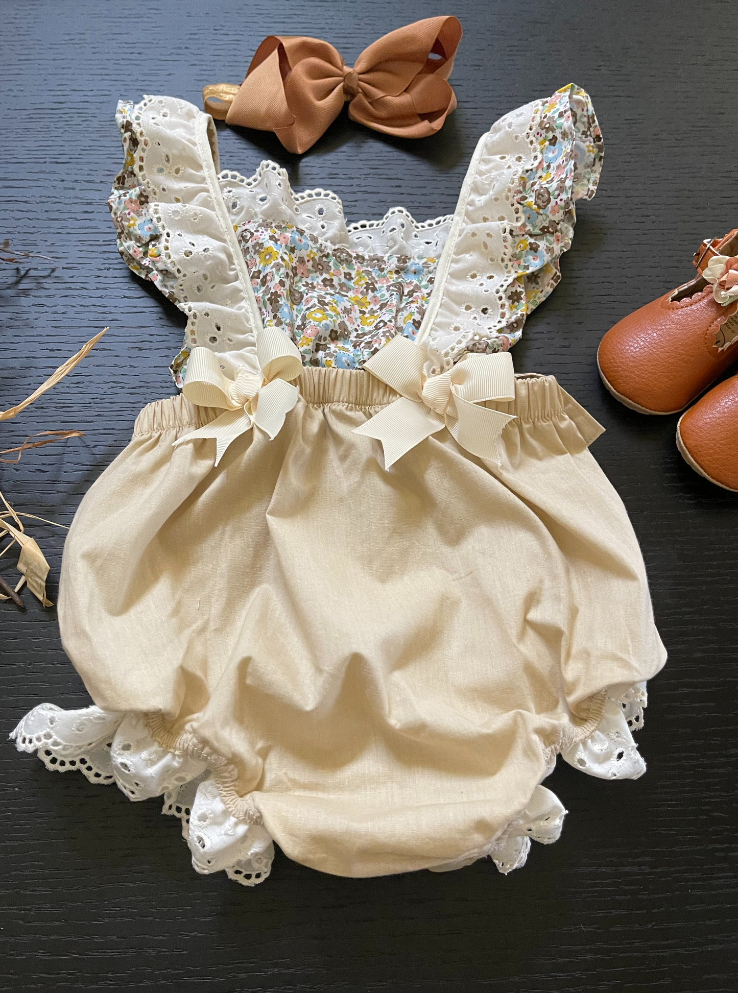 Vintage Green or Beige Girl Overalls, with ruffles and bows