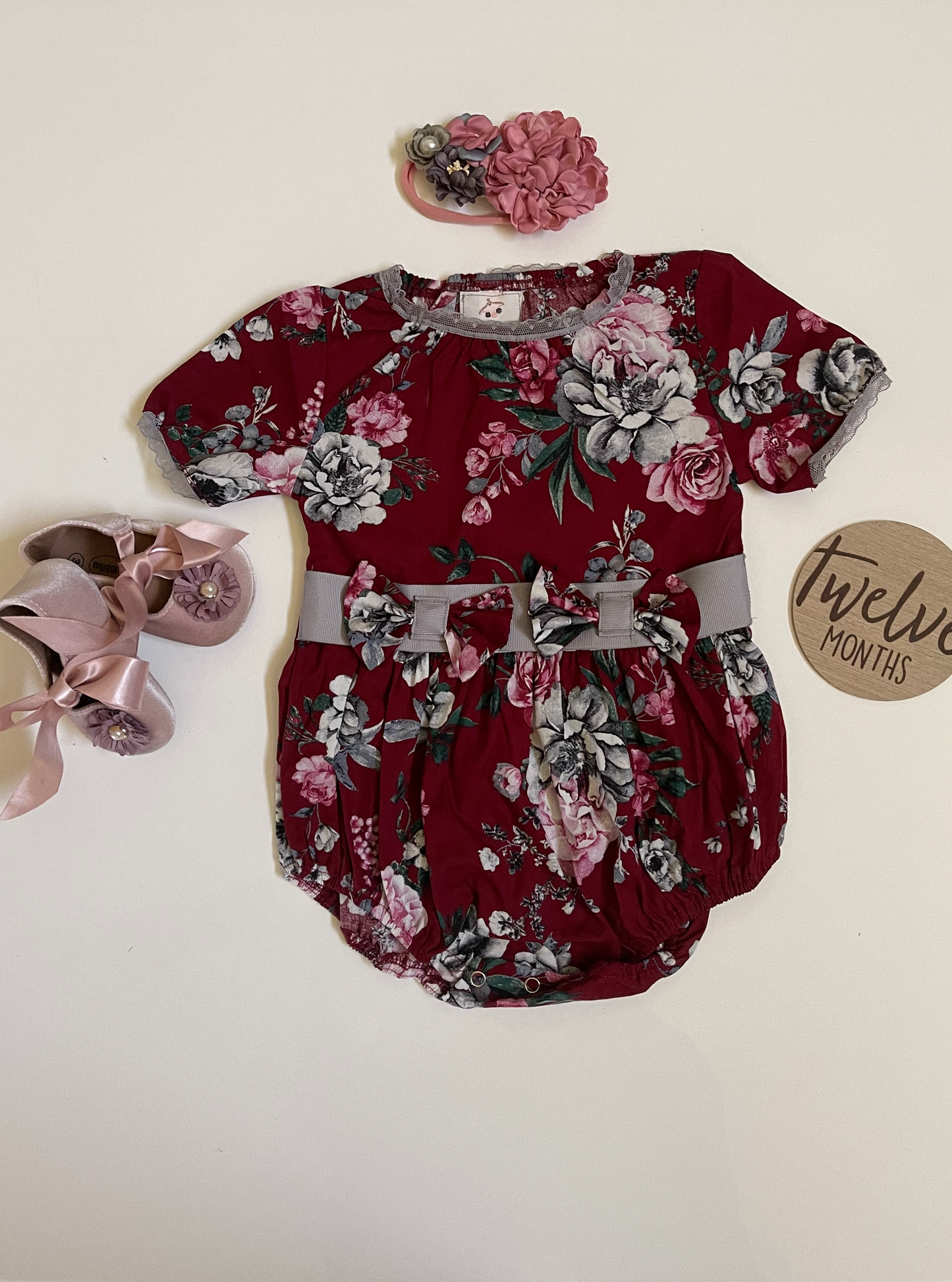 Burgundy Floral, Girl Romper