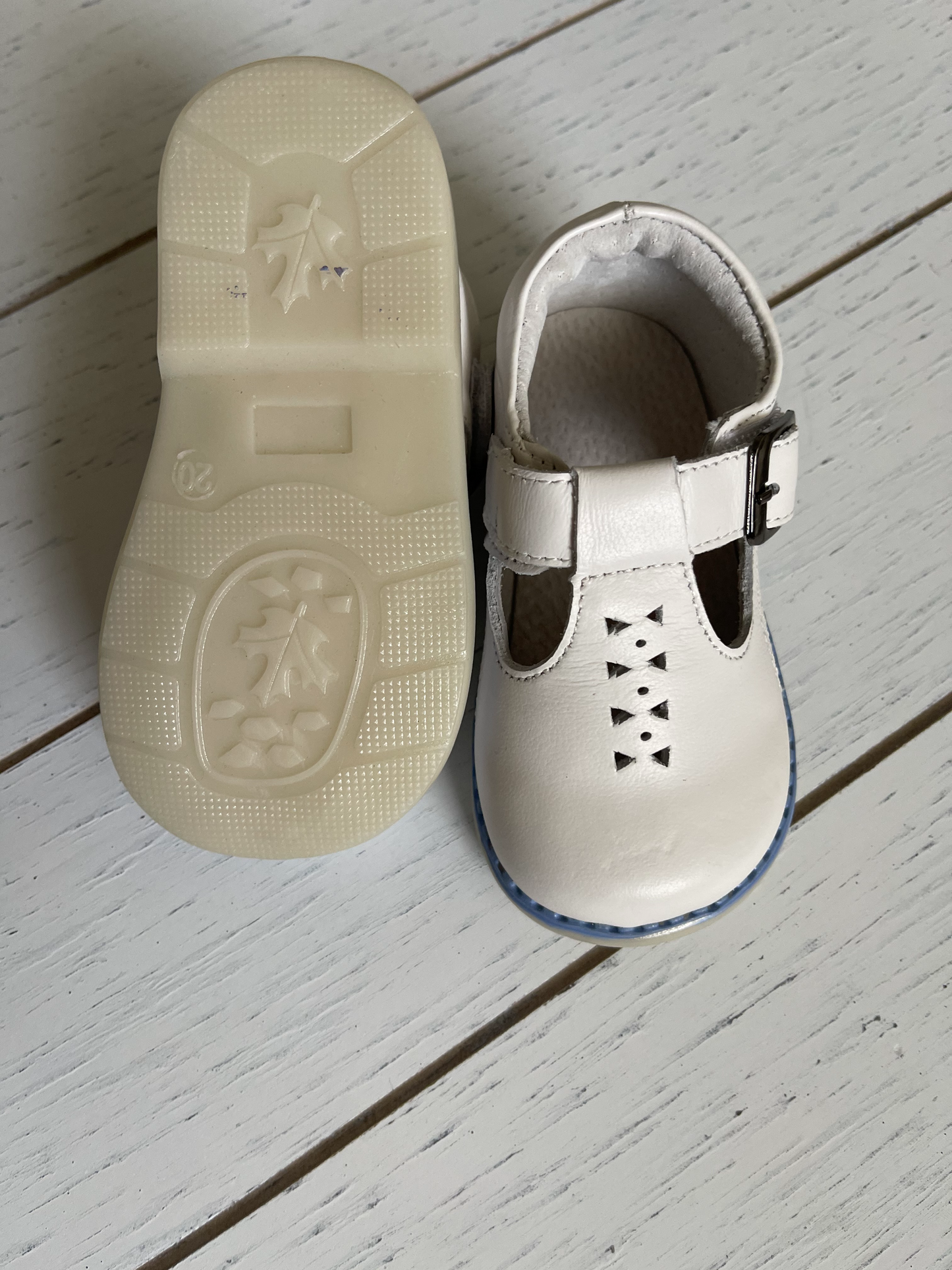 White Genuine Leather, T-Strap Hard sole Boy or Girl Shoes